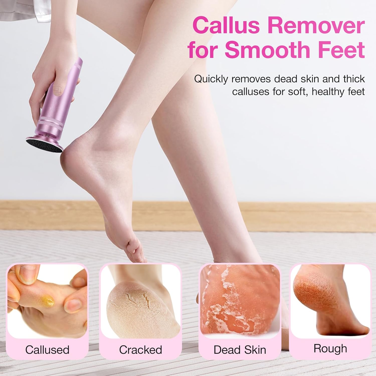 Upgrade 1200RPM Electric Callus Remover for Feet, Powerful Electric Foot File with 60 Sandpaper Discs, Adjustable Speed, Plug-in Pedicure Tool for Cracked Heels & Dead Skin, Pink