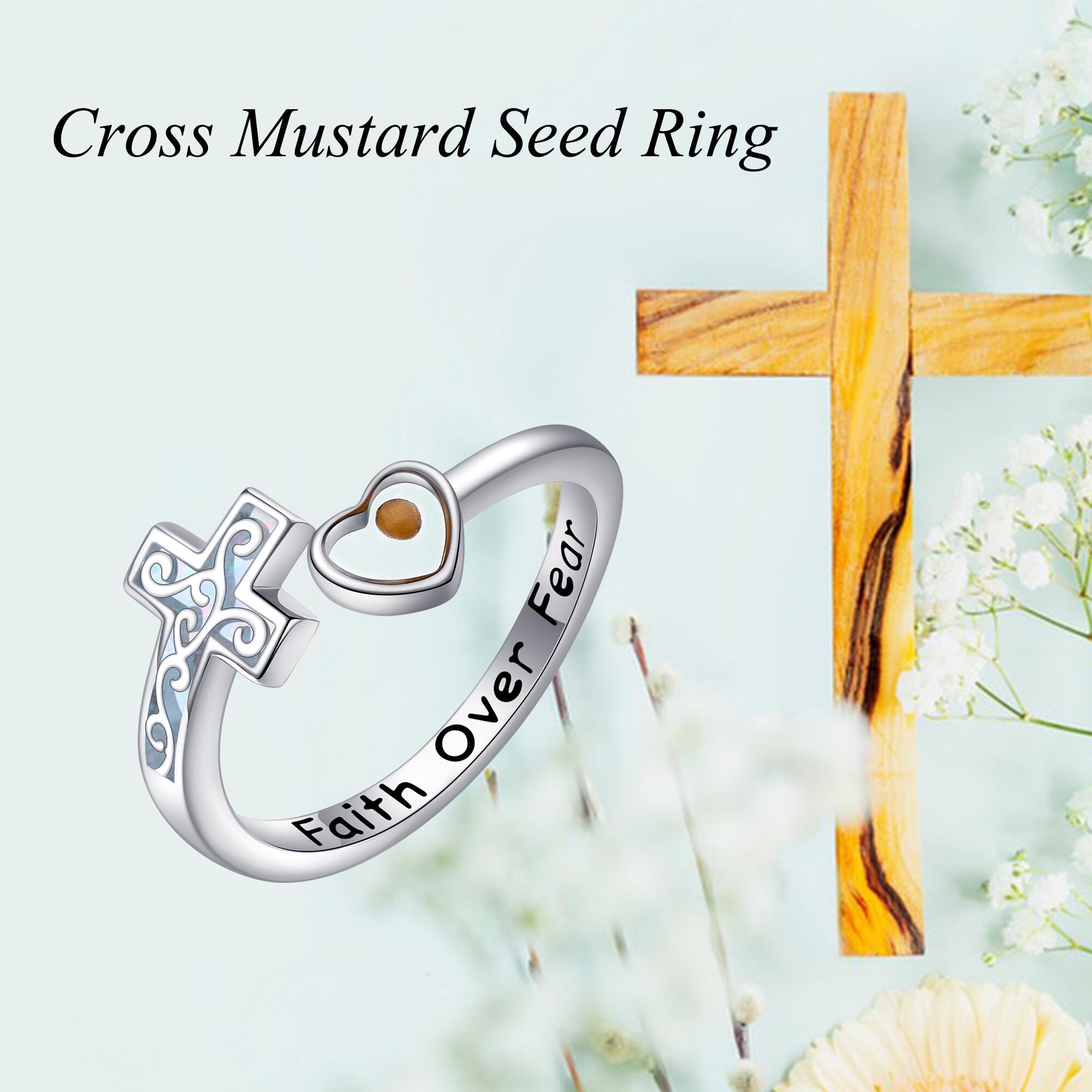 Anello a croce in argento Sterling con croce di fede/senape, regolabile, anello di fede cristiana, gioielli religiosi, regalo per donna, One-Size, metallo prezioso, Non pietra preziosa