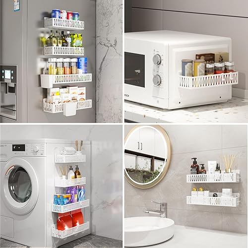 Miniatura 6 de Sevenblue Paquete de 4 estantes magnéticos para especias para refrigerador, estante magnético movible con 4 ganchos y 2 tazas colgantes para