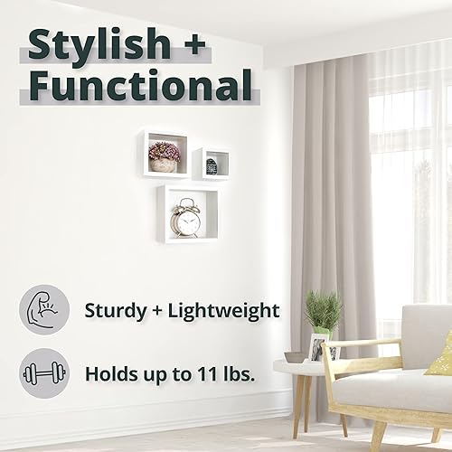 Miniatura 2 de Greenco Estante flotante de 3 cubos, estantes flotantes de montaje en pared fáciles de montar para dormitorios y salas de estar, acabado blanco