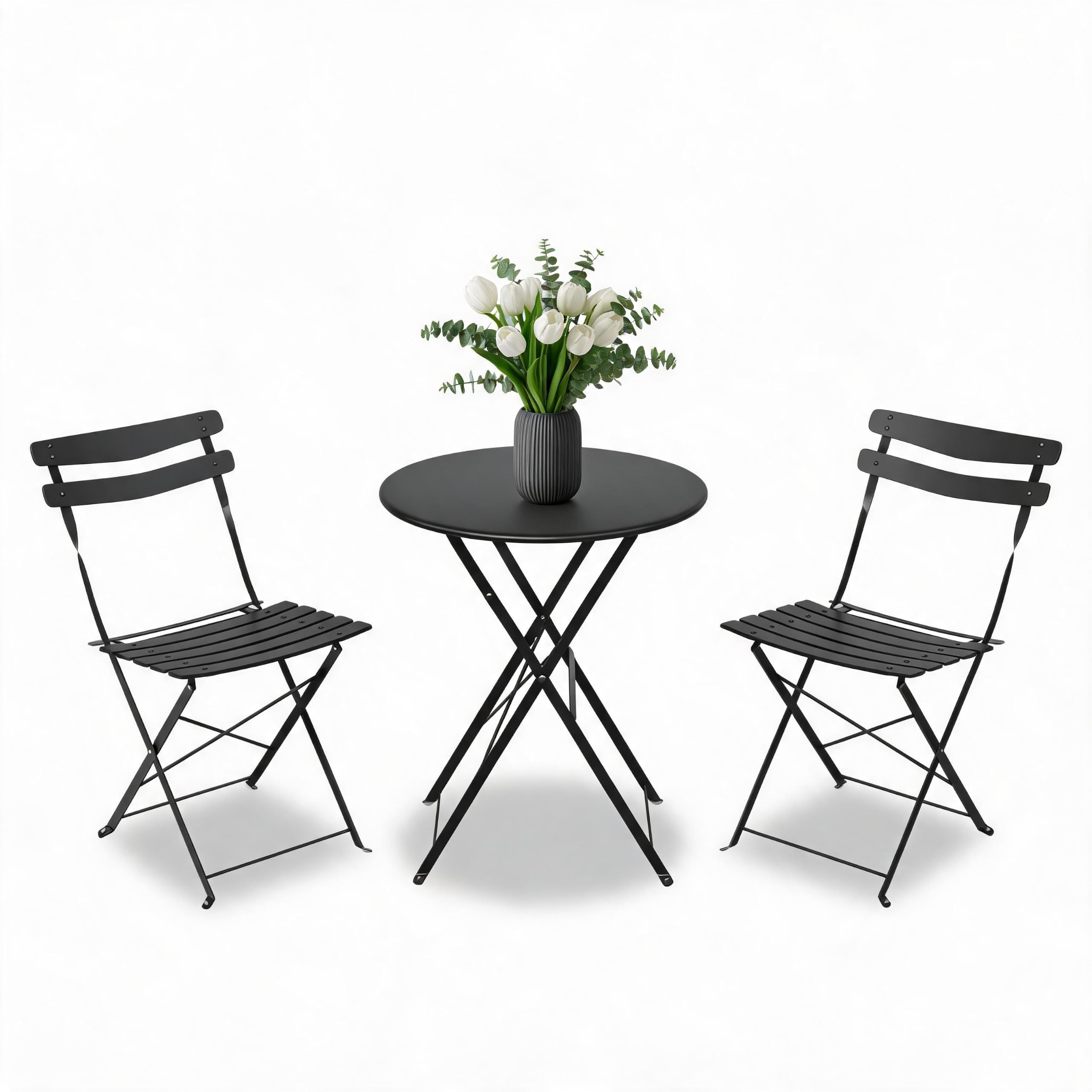 Euker Folding 3-Piece Metal Bistro Set – Space-Saving Outdoor Patio Table & 2 Chairs, Sturdy, No Assembly, Portable Garden Furniture for Balcony, Porch, or Yard, Easy Storage, Old Black