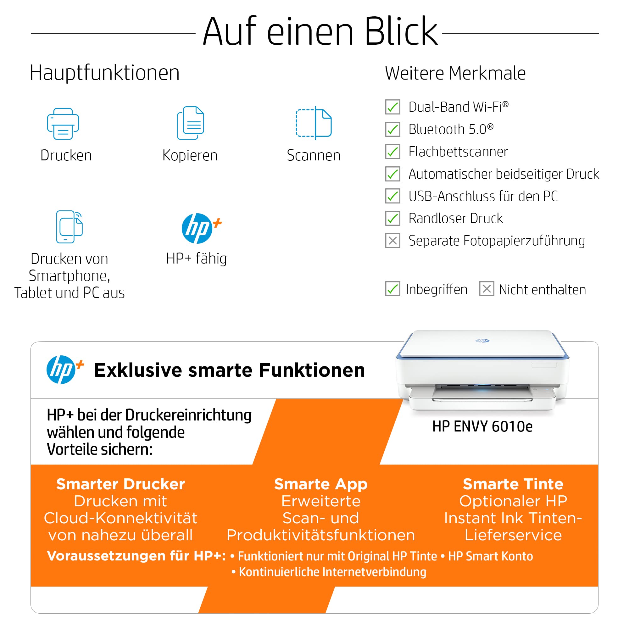HP Envy 6010e Multifunktionsdrucker, 3 Monate gratis drucken Instant Ink inklusive, Drucker, Scanner, Kopierer, WLAN, Airprint, Blau