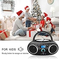 Vista 2 de Boombox de CD portátil con Bluetooth, radio FM, puerto USB, compatible con MP3-CD, entrada AUX, conector para auriculares, control remoto, estéreo