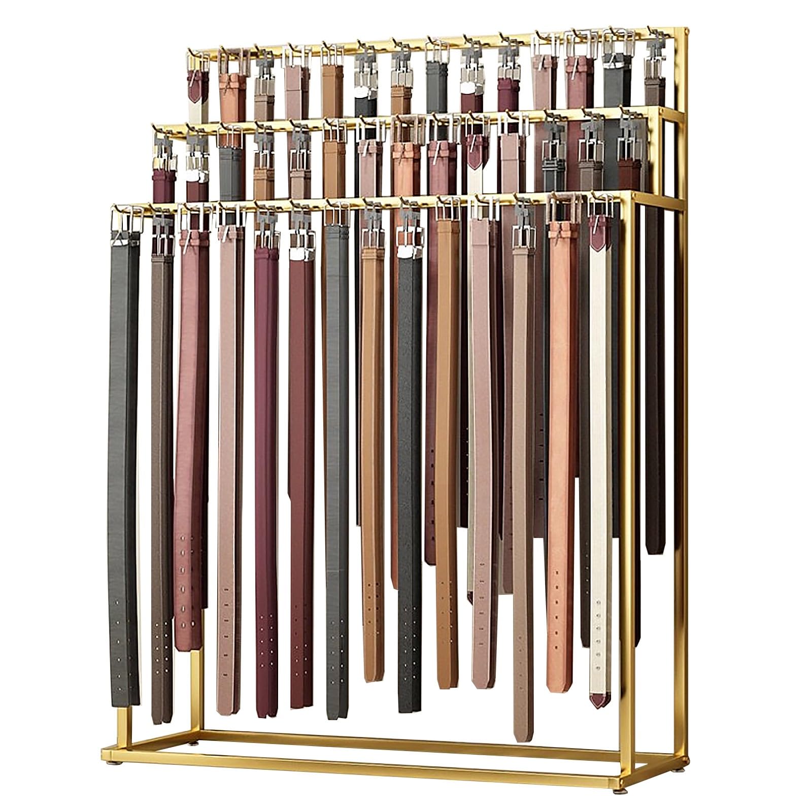 3-stöckiger goldfarbener Metallgürtelständer, bodenstehender Aufhänger für Krawatten, Schals und Geldbörsen, Bekleidungsgeschäft, Organizer, 60 x 40 x 150 cm, stilvolle Aufbewahrungslösung
