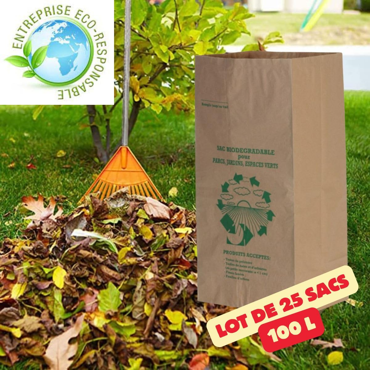 Bolsa de residuos vegetal biodegradable | Lote ecológico de 25 bolsas de residuos verdes para jardín | vegetales: hojas, ramas, hierbas, orgánicas | Capacidad 100 L | Papel Kraft muy resistente |