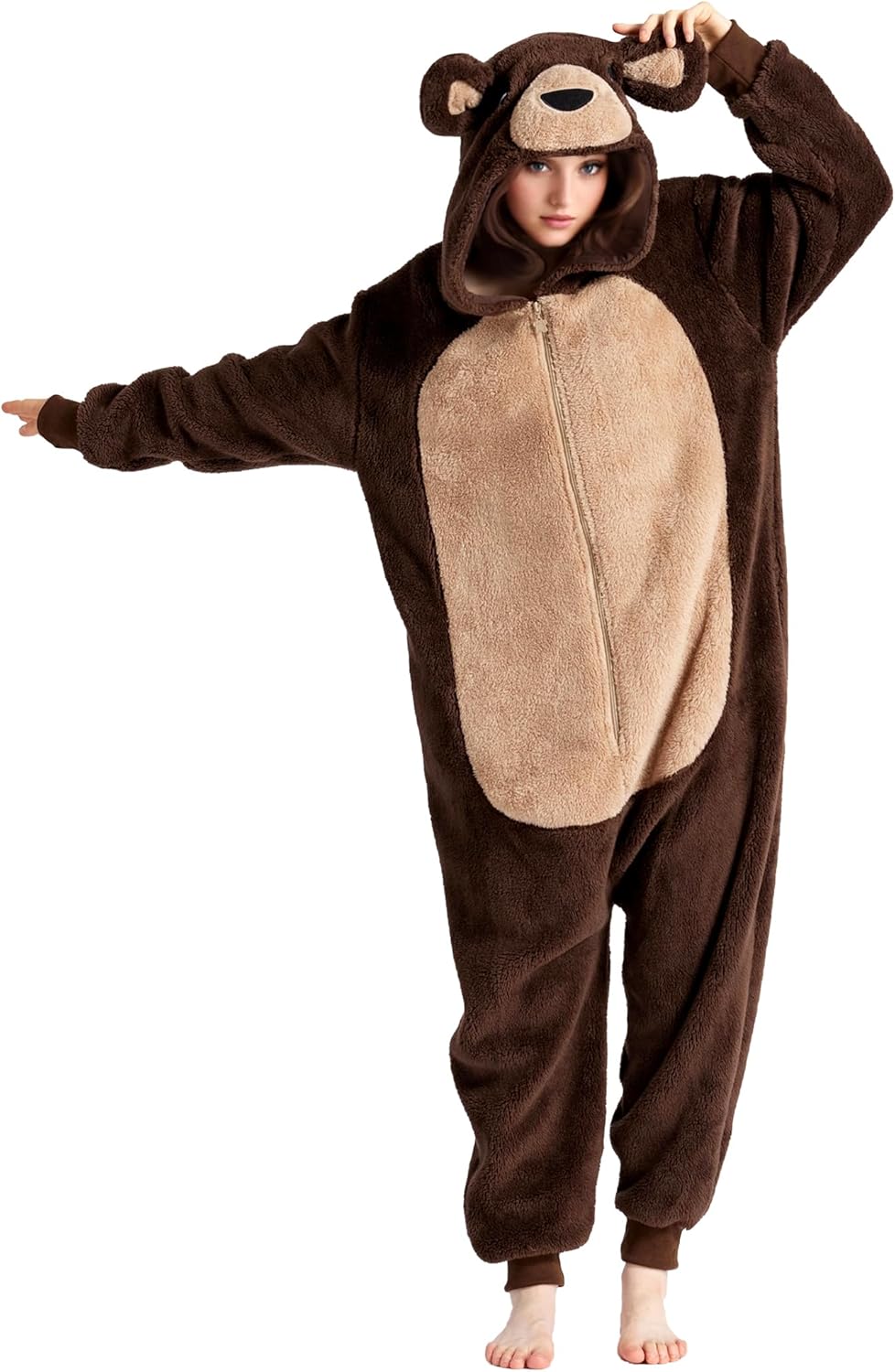 dressfan Unisex Fuzzy Cute Bear Onesie Pajamas Bear Halloween Costume Christmas Pajamas Gifts for Women & Men