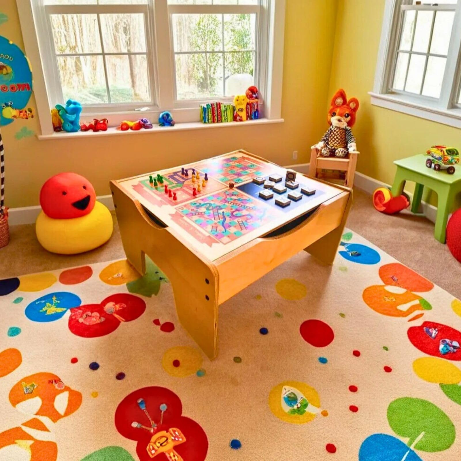 Make-Believe Board Game and Brick Play Wooden Table, Reversible Tabletop with in-Built Storage, Sensory & Game Table-image-6