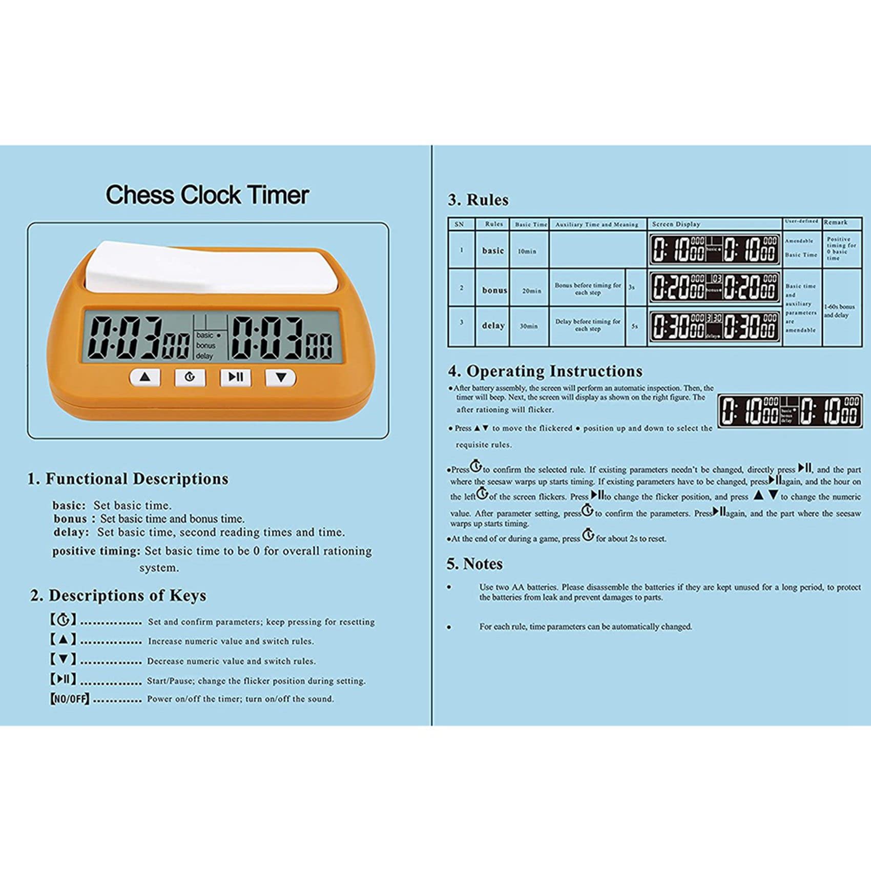 Speesy 4 relojes de ajedrez, temporizador digital de ajedrez y temporizador de , reloj profesional portátil multiusos 3 en 1, amarillo