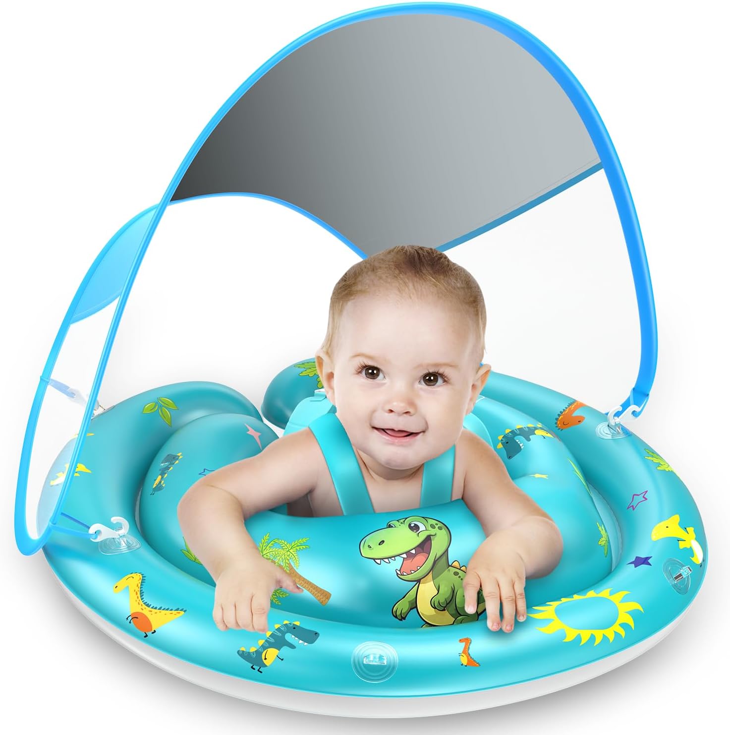 LAYCOL Baby Pool Float with 120° Adjustable Canopy UPF50+ Sun Protection and Ocean Animal Toy, Inflatable Pool Floats for Pool Toys, Baby Beach Essentials with Safety Seat, Toddler Floaties for 6-36M