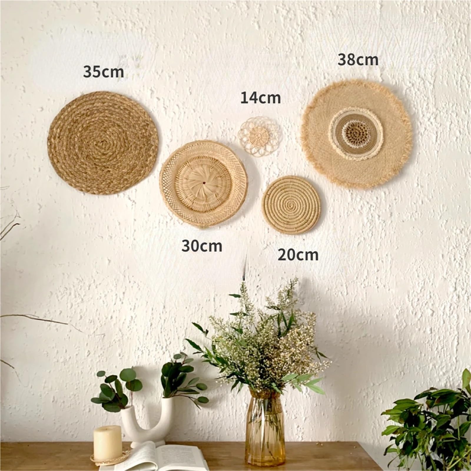 Platos Decorativos de Ratán para Decoraciones de Pared Decoración de Pared de Sala de Estar de Paja Tejida Redonda(38cm)