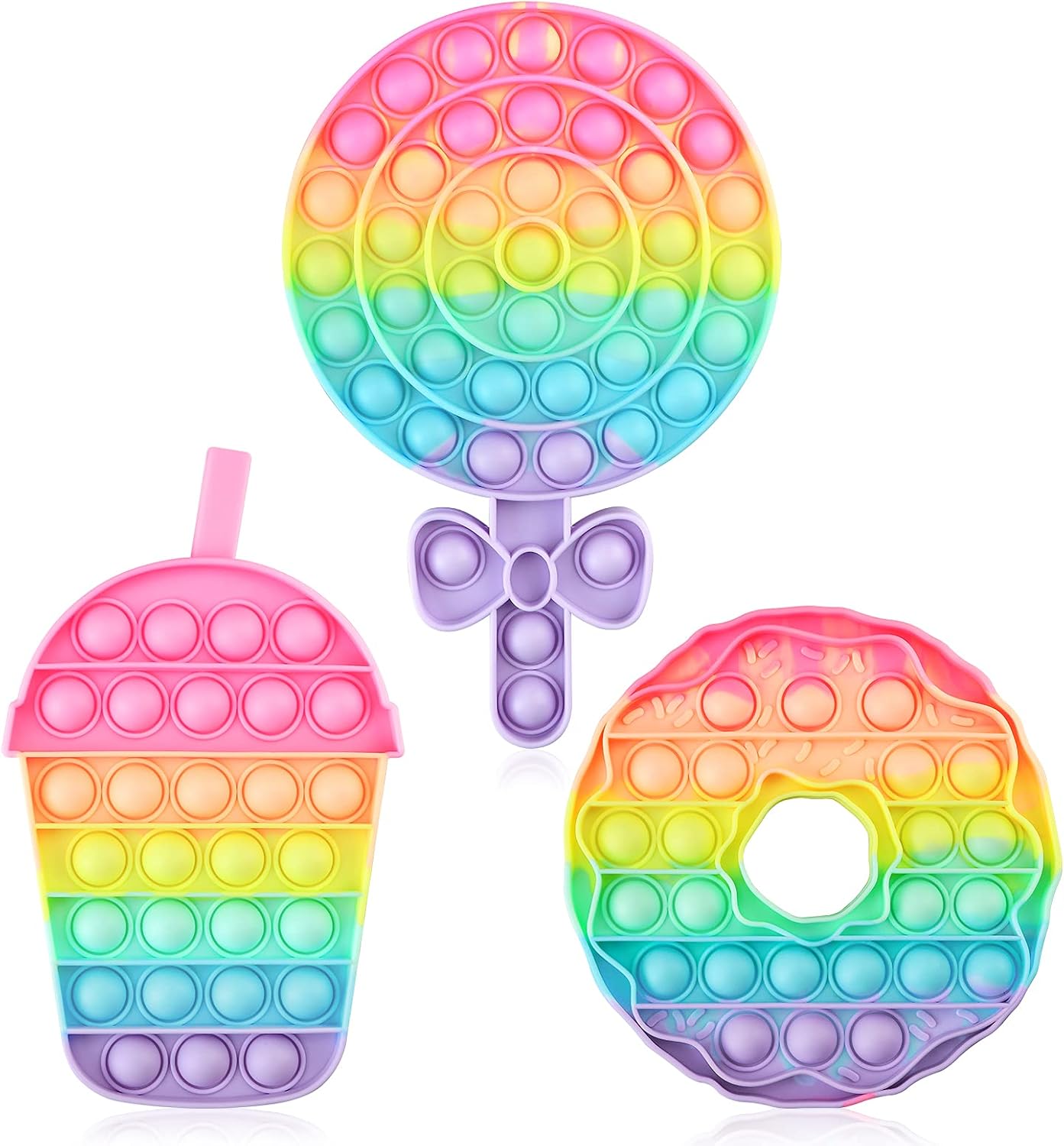 Aemotoy 3Pcs Fidgets Sensory Toys for Autism ADD ADHD Silicone Rainbow Squeeze Bubbles Stress Relief Pops Toy Novelty Birthday for Kids Adults, Lollipop Cup Donuts