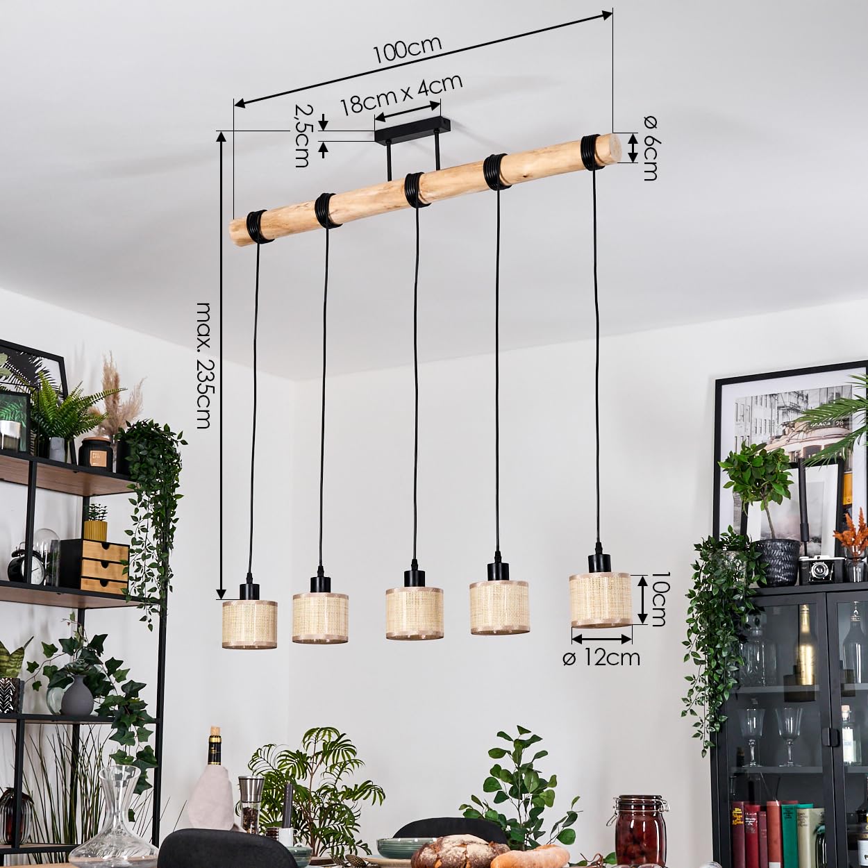 HOFSTEIN Lampa wisząca Sabadim, 5-punktowa lampa wisząca z metalu/drewna/plecionki papierowej w kolorze czarnym/naturalnym/brązowym, lampa wisząca w stylu boho (Ø abażurów 12 cm), wysokość 235 cm, E27