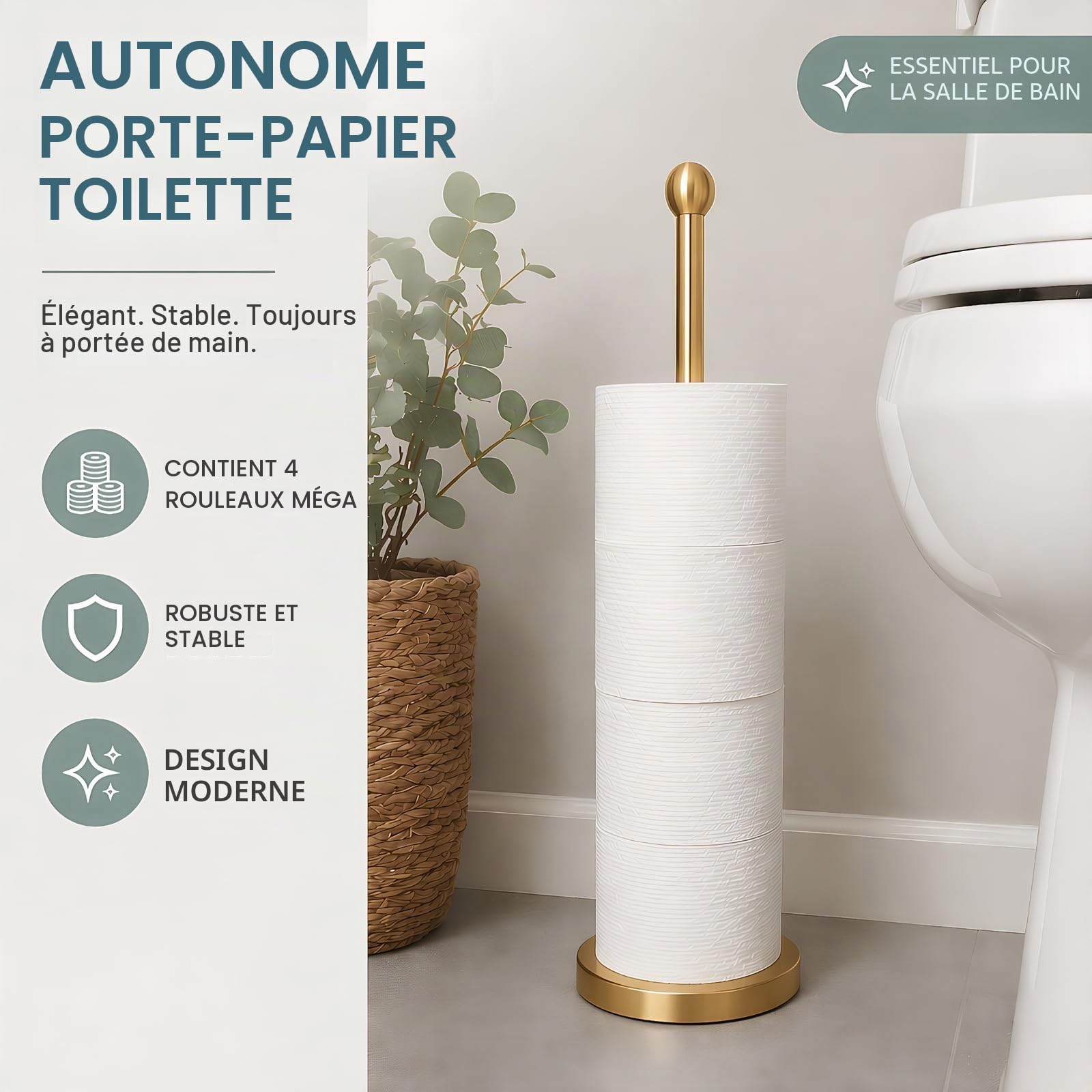 Songtec Support de Papier Toilette doré avec réserve, Support de Rouleau de Papier Toilette sur Pied pour 4 Rouleaux, Design Compact pour Salle de Bain – Doré