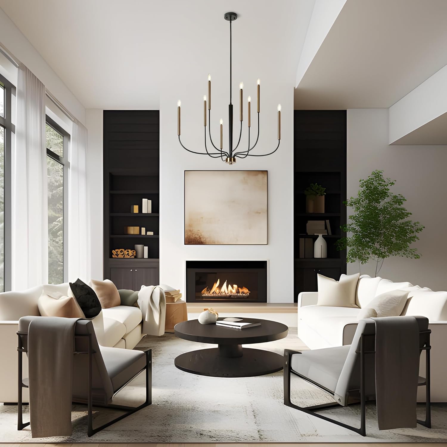 KSANA Black and Gold Chandelier, 37.4'' Large Modern Farmhouse Dining Room Light Fixture Over Table, 8-Light Metal Chandeliers Lights Fixtures for Dining & Living Room, Bedroom, Foyer, Staricase