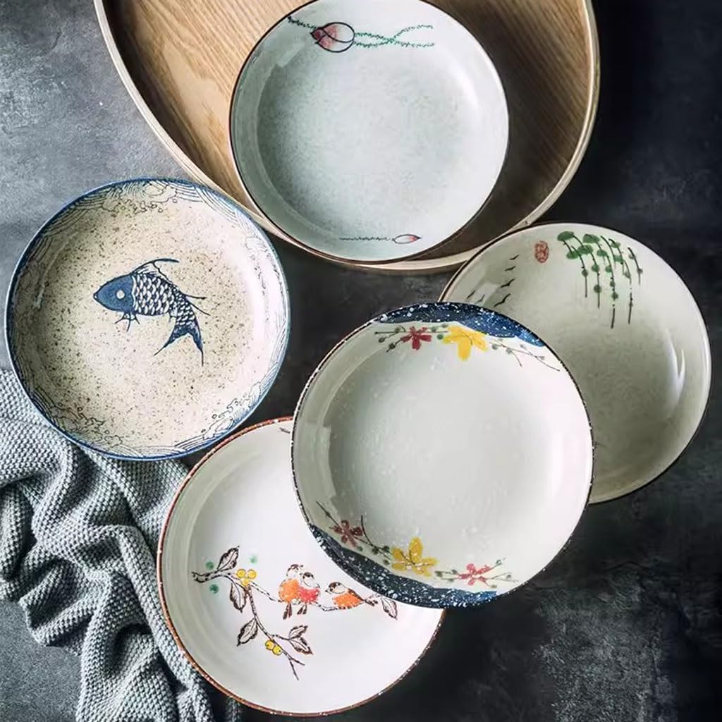 Assiette à dîner en céramique, ensemble d'assiettes porcelaine, vaisselle, assiette rétro japonaise, creuse