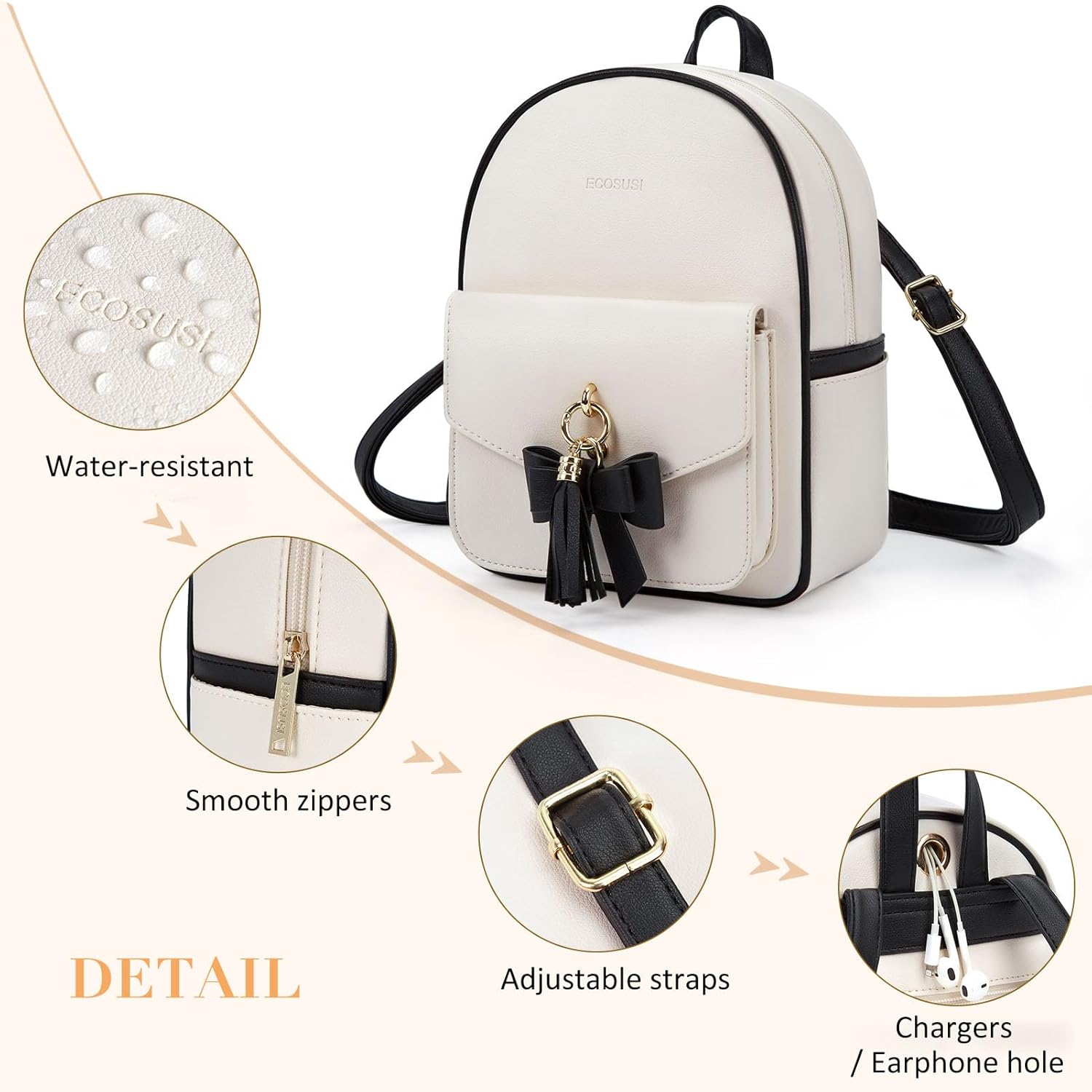 ECOSUSI Mini Backpack for Women Girls Cute Bowknot Small Backpack Purse Ladies Leather Bookbag Satchel Bag, with Charm Tassel Black&Beige - Image 5