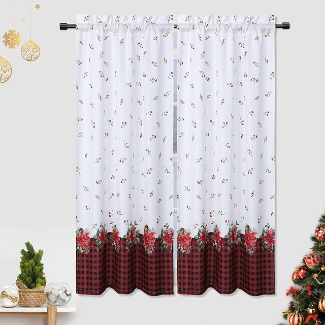 LinTimes Christmas Kitchen Curtains, Christmas Flowers Plaid Decorations Short Tier Curtains for Kitchens, Christmas Party Cafe Living Room Bathroom Window Curtains, Red and Black, 27 x 45 Inch