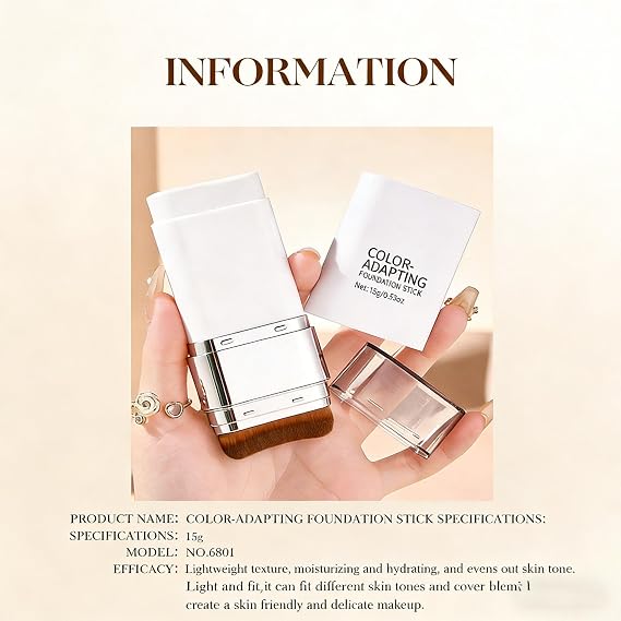 Color-Changing Foundation Stick, Dual-Ended with Detachable Brush, Dewy & Hydrating Makeup for Flawless Look, Perfect Match for All Skin Tones