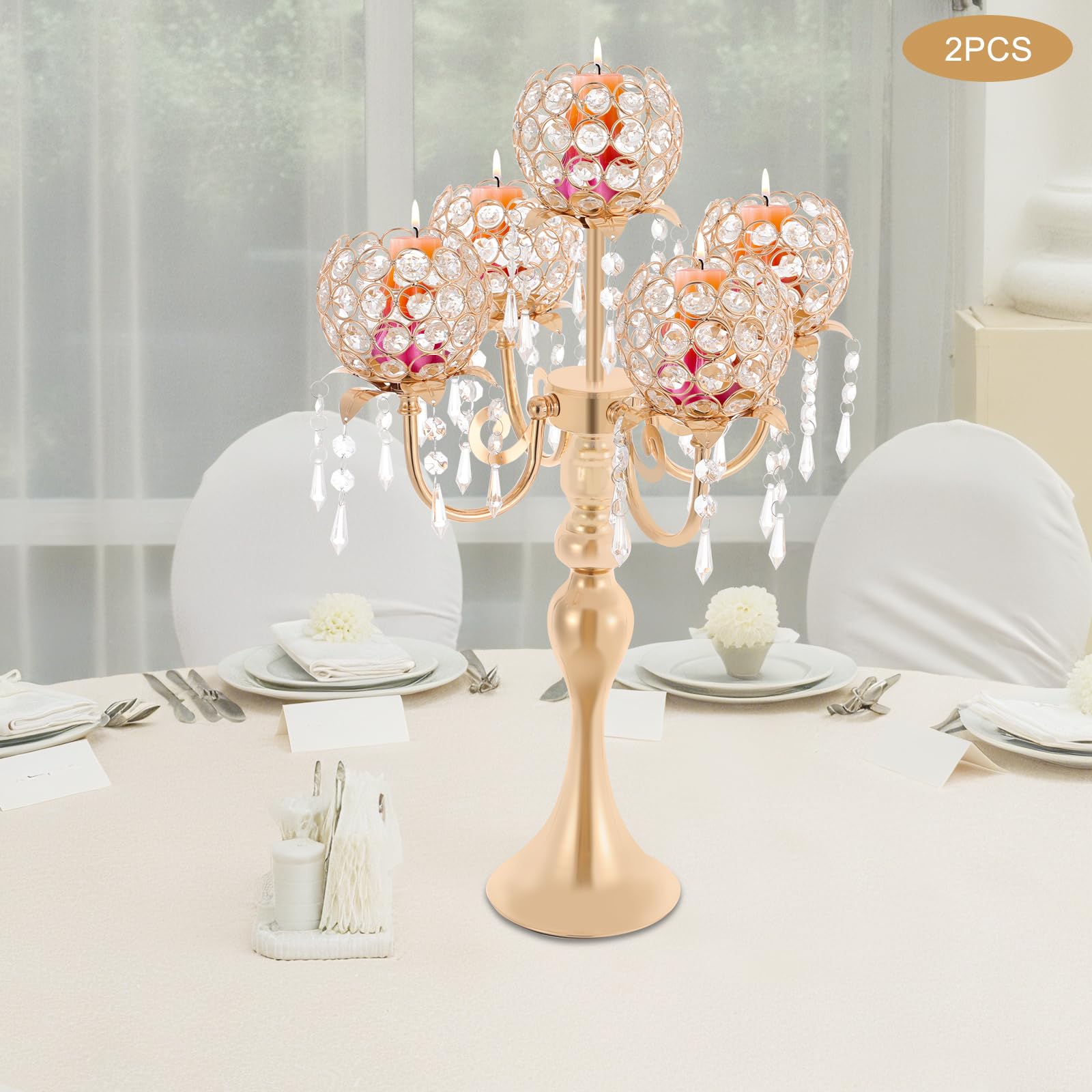Kristall Kerzenhalter 2er Set 57cm, 5-Armiger Kandelaber Tischdeko, Gold | Moderner Tischkerzenständer für Hochzeiten Abendessen Geburtstage, 13cm Basis Stabil