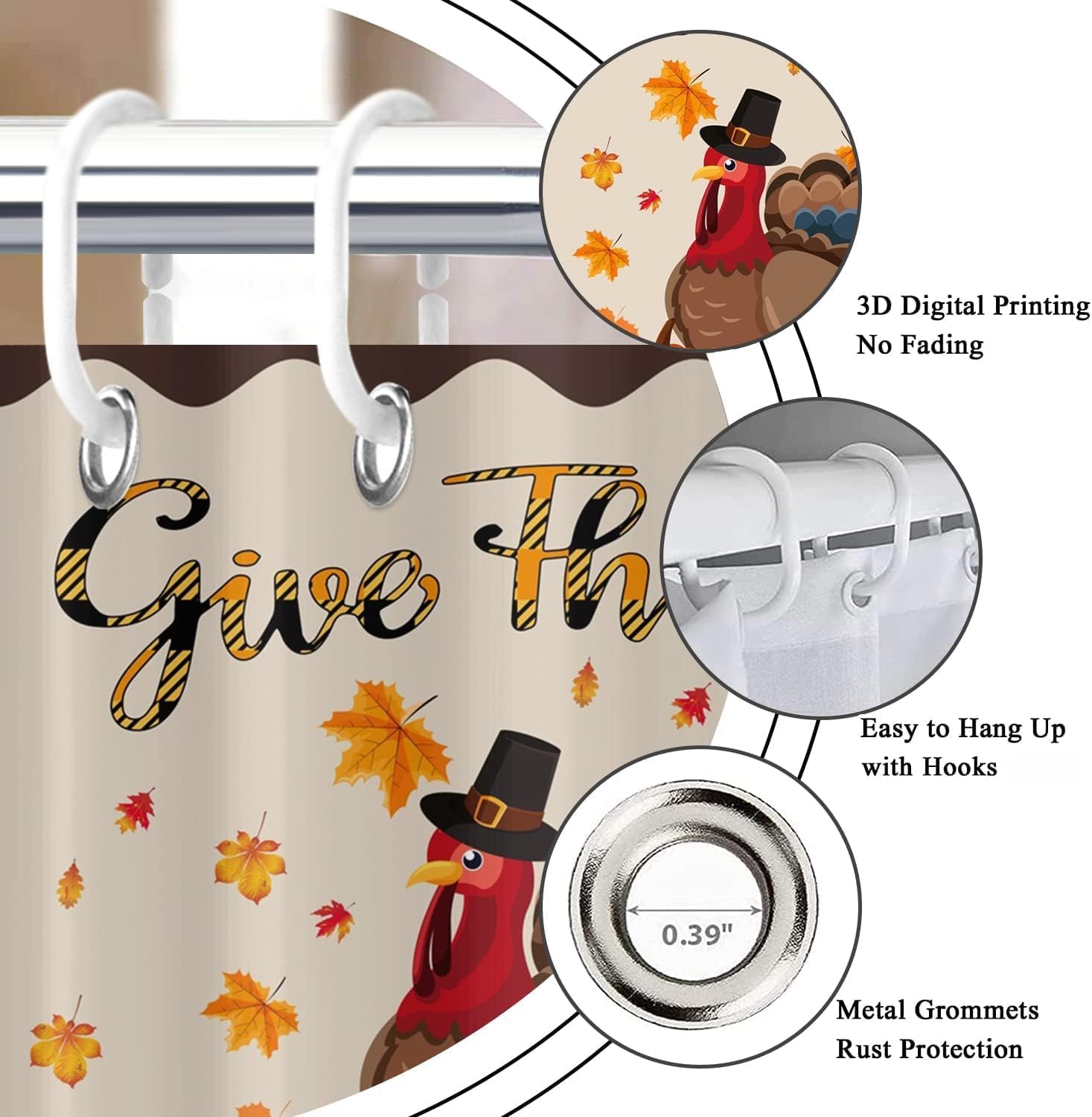 Thanksgiving Shower Curtain, Fall Harvest Pumpkin Maple Leaves Turkey Bathroom Curtain Home Bathtub Decor Waterproof Fabric Machine Washable with 12 Hooks