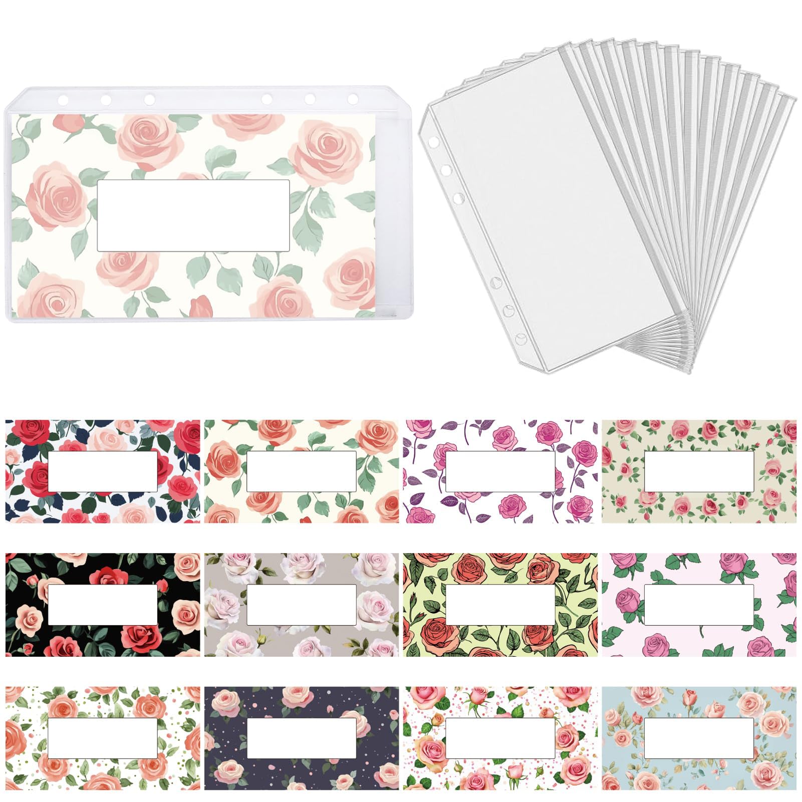 CRASPIRE 12Pcs A6 Budget Binder Inserts Money Envelopes Rose Flowers Themed 6 Holes Zipper Binder Pockets Clear Waterproof PVC Cash Envelope Sleeve for Coupon Sticky Notes Files Organizer