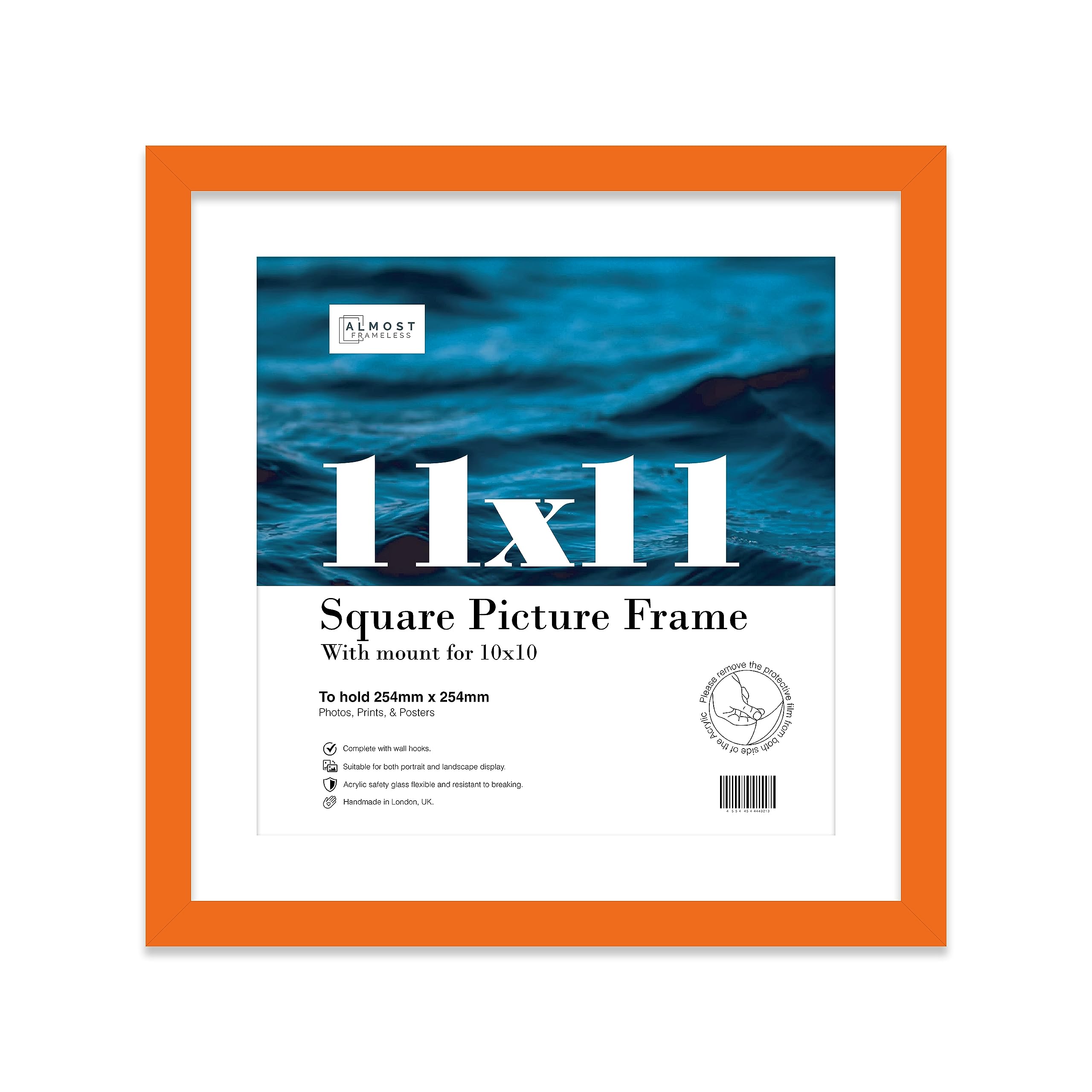 Almost Frameless 11x11 Picture Frame, Display Pictures 10x10 With Mat or 11x11 Without Mat, Wall Hanging Photo Frame, Orange, 1 Pack