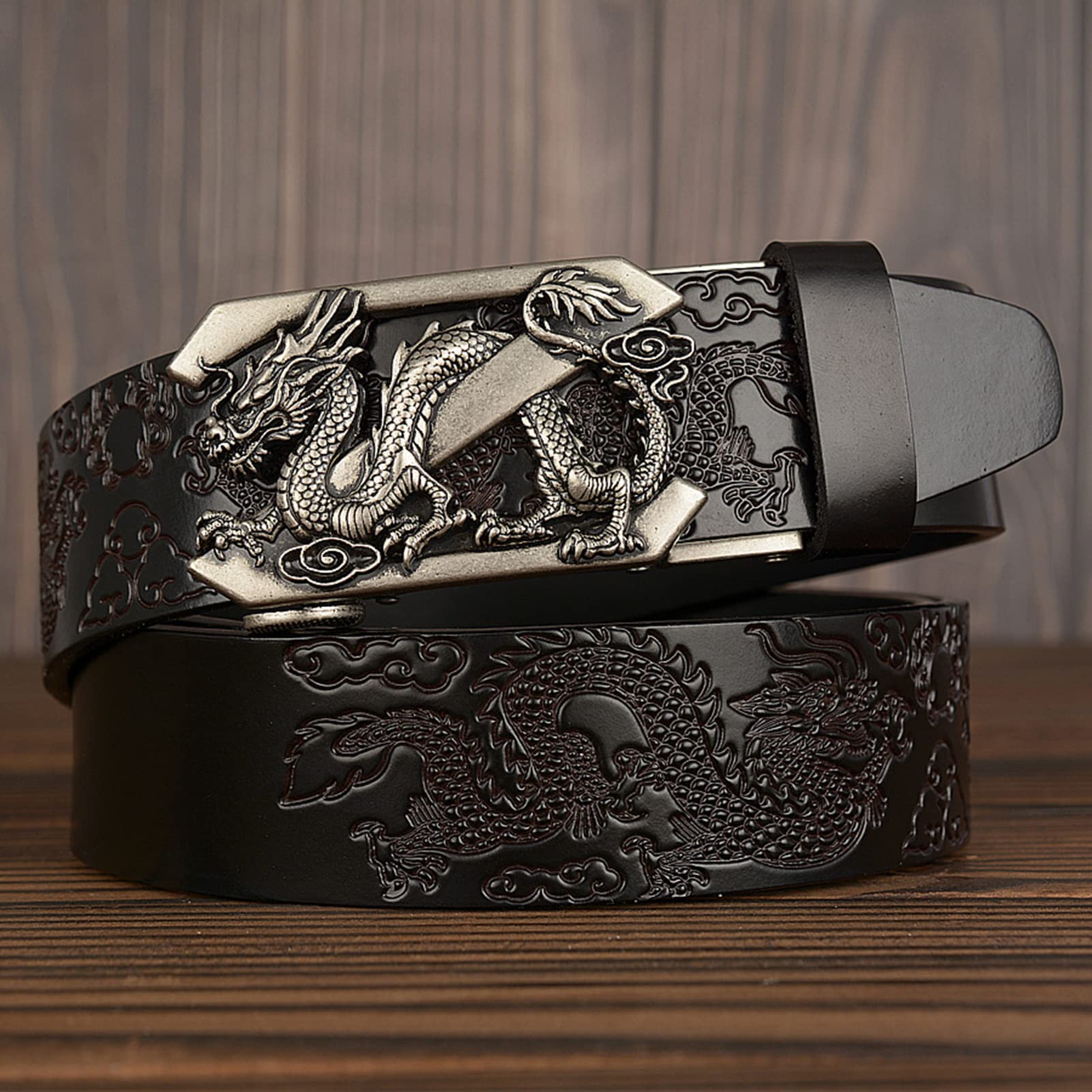 Cintura da Cowboy da Uomo, Cintura in Pelle Goffrata con Fibbia a Drago Scorrevole Automatico, Cintura Di Lunghezza 110-130 Cm, Cintura in Pelle Di Mucca con Fibbia Automatica/Dron~B/120Cm/Wa