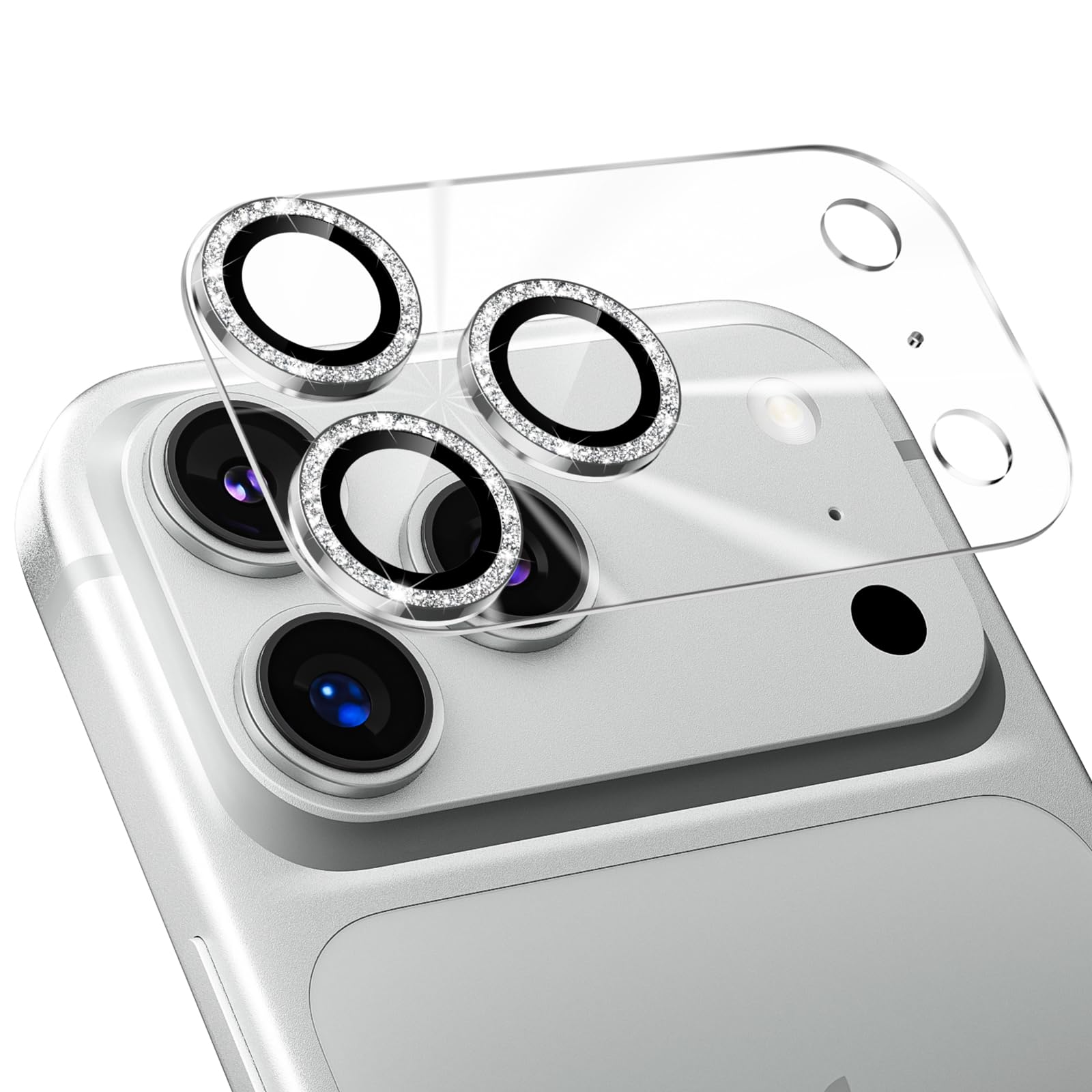 Podick カメラフィルム iPhone 17 Pro Max 用 カメラカバー キラキラ 9H強化ガラス アルミ合金 アイフォン17pro max用 カメラ保護 ピカピカ キズ防止 耐衝撃 高透過率 黒縁取り 露出オーバー防止 極薄 いphone17 プロ マックス レンズカバー プロテクター シルバー