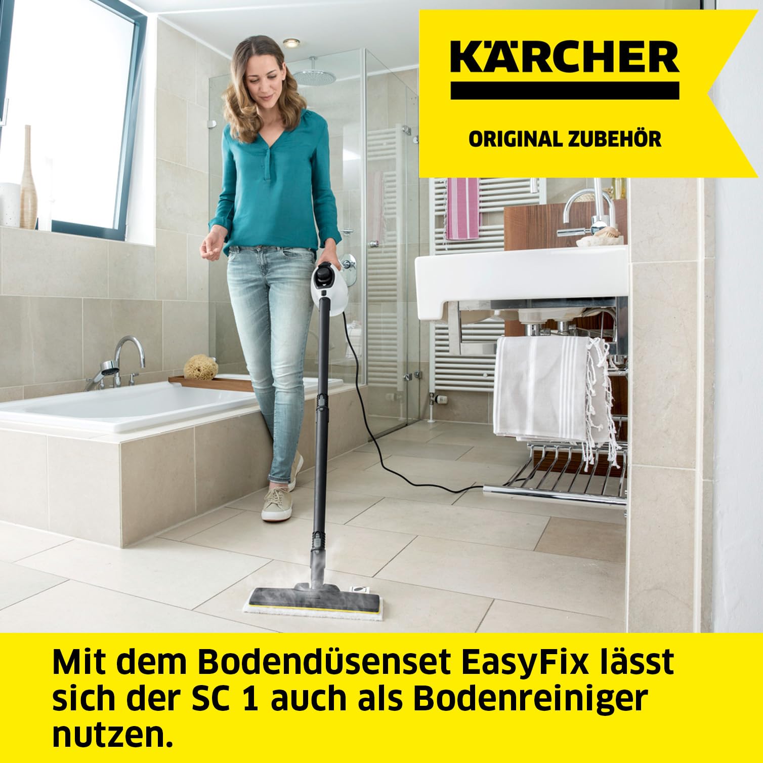 Kärcher Bodendüsenset EasyFix für SC 1, 1 EasyFix-Bodendüse, 1 Universal-Bodentuch aus Feinstfaser, 2 Verlängerungsrohre (0,5 m), Original-Zubehör für Kärcher Dampfreiniger SC 1