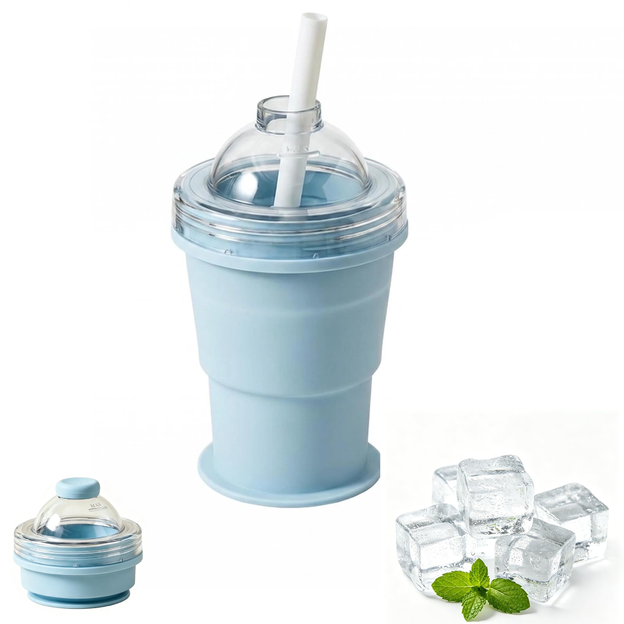 2-in-1 Collapsible Silicone Ice Ball Maker Cup with Straw & Lid, Reusable Portable Ice Sphere Mold, Leakproof Travel Tumbler for Coffee Juice Whiskey Cocktails, Gym, Camping, Outdoor (Blue)