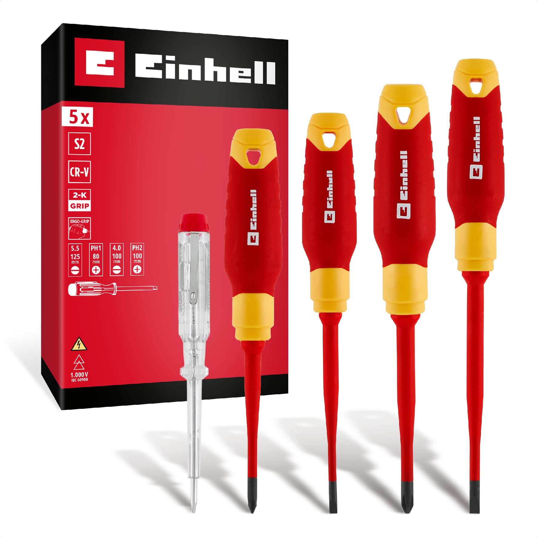 Einhell 5 pièces jeu de tournevis d’électricien | Outils isolés | testeur de tension | lames S2 | poignées ergonomiques | installations électriques