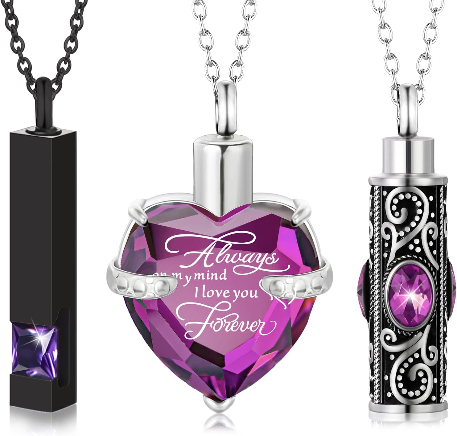 3 Pieces Cremation Urn Necklace for Ashes Vertical Bar Zircon, Heart Crystal Necklace Urn Stainless Steel Waterproof Memorial Pendant