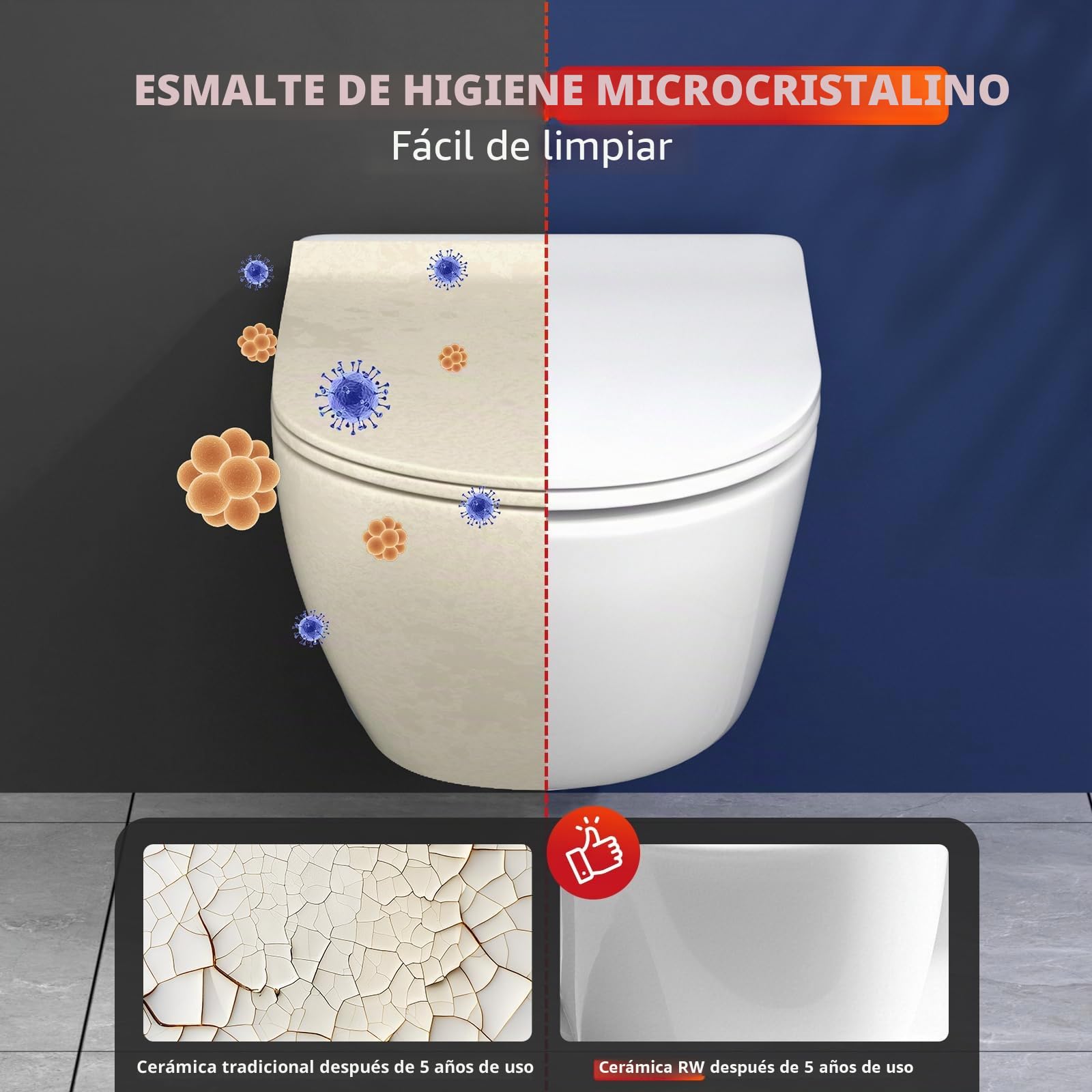 Rainsworth Inodoro de pared sin borde - Inodoro colgante de potente descarga, con tecnología de descarga eficiente, taza de inodoro incluida con asiento de descenso automático y sujetador rápido