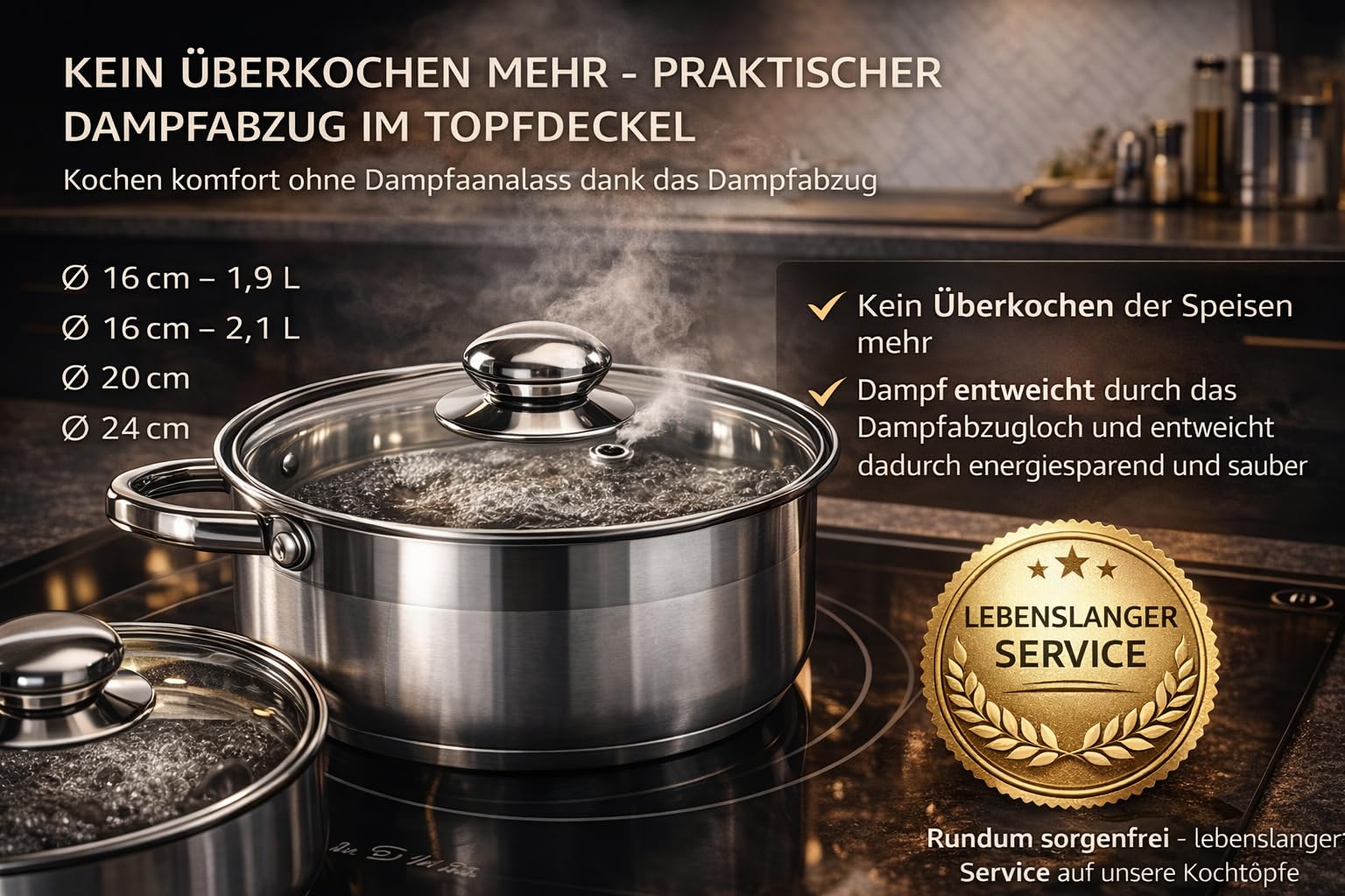 Topfset Induktion 7-teilig, Edelstahl satiniert, für alle Herdarten, Kochtöpfe mit Glasdeckel, Induktions Töpfe Set, Topf Set, Kochtopfset,