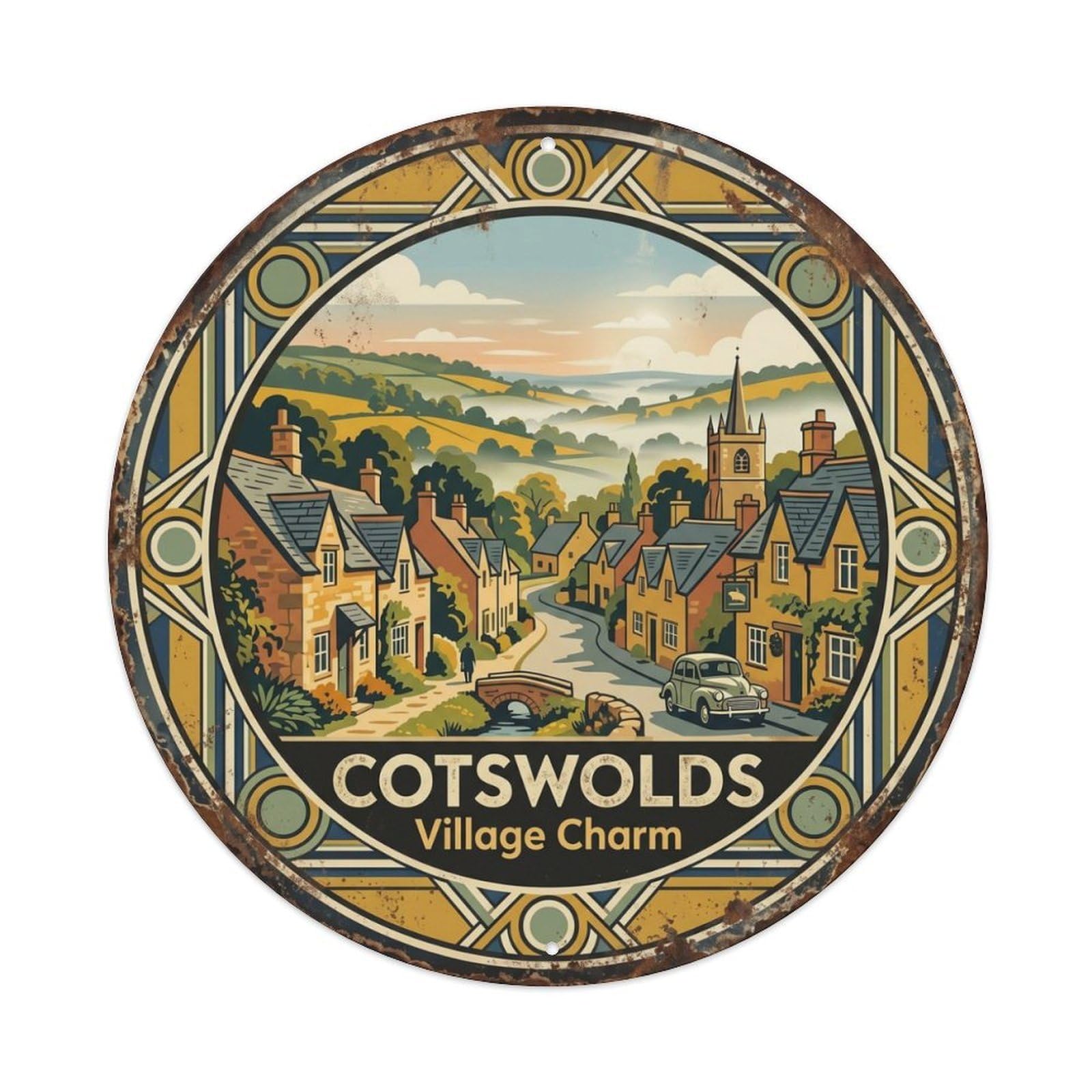 Vintage Travel Cotswolds Village Britain Metal Tin Sign Plaque Wall Decor for Cafe, Club, Garden Round Metal Poster 8x8Inch