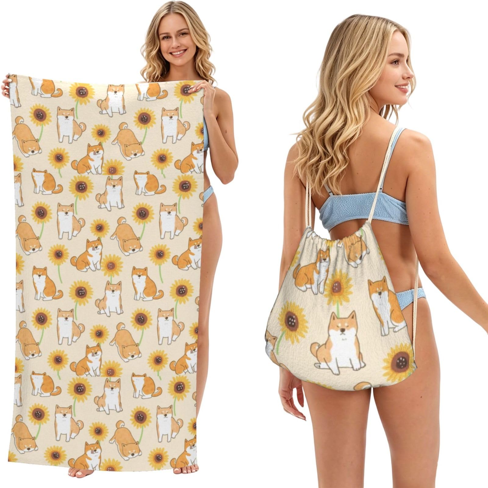 Poadnly As Picture Shiba Inu Sunflower, 2 In 1 Packable Towel Bag, Beach Towels With Drawstring Backpack For Travel Holiday Camping