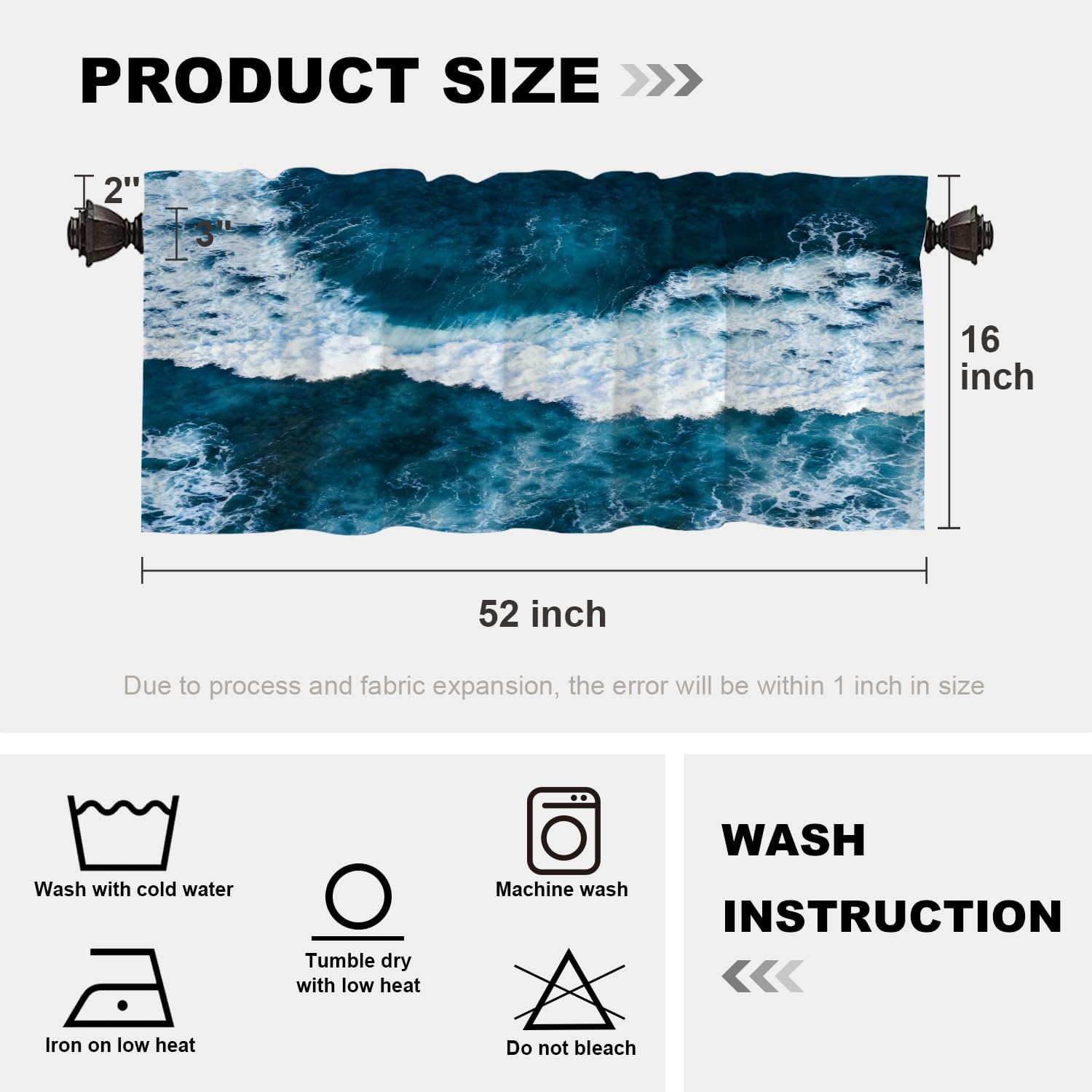 Batmerry Ocean Wave Blue Earth Sea Kitchen Valances Half Window Curtain, Ocean Waves Patterns Kitchen Tiers for Windows Bedroom Heat Insulated Drapes for Home Decor Reducing The Light,Set of 2