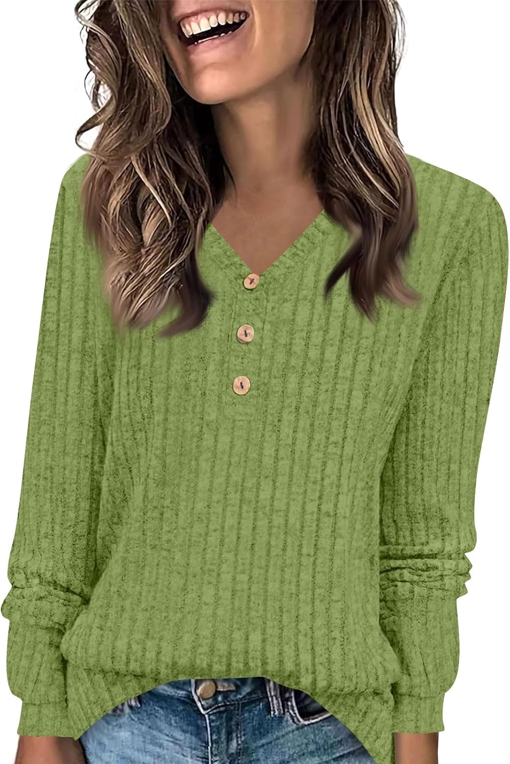 Chemisier Femme Manches Longues Tricot Côtelé Col V Boutonné - Haut Chic Automne Printemps