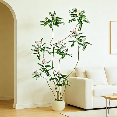 Árbol artificial de Mahonia Fortunei – Plantas artificiales de 6 pies para interiores, planta falsa con maceta blanca, plantas de imitación de