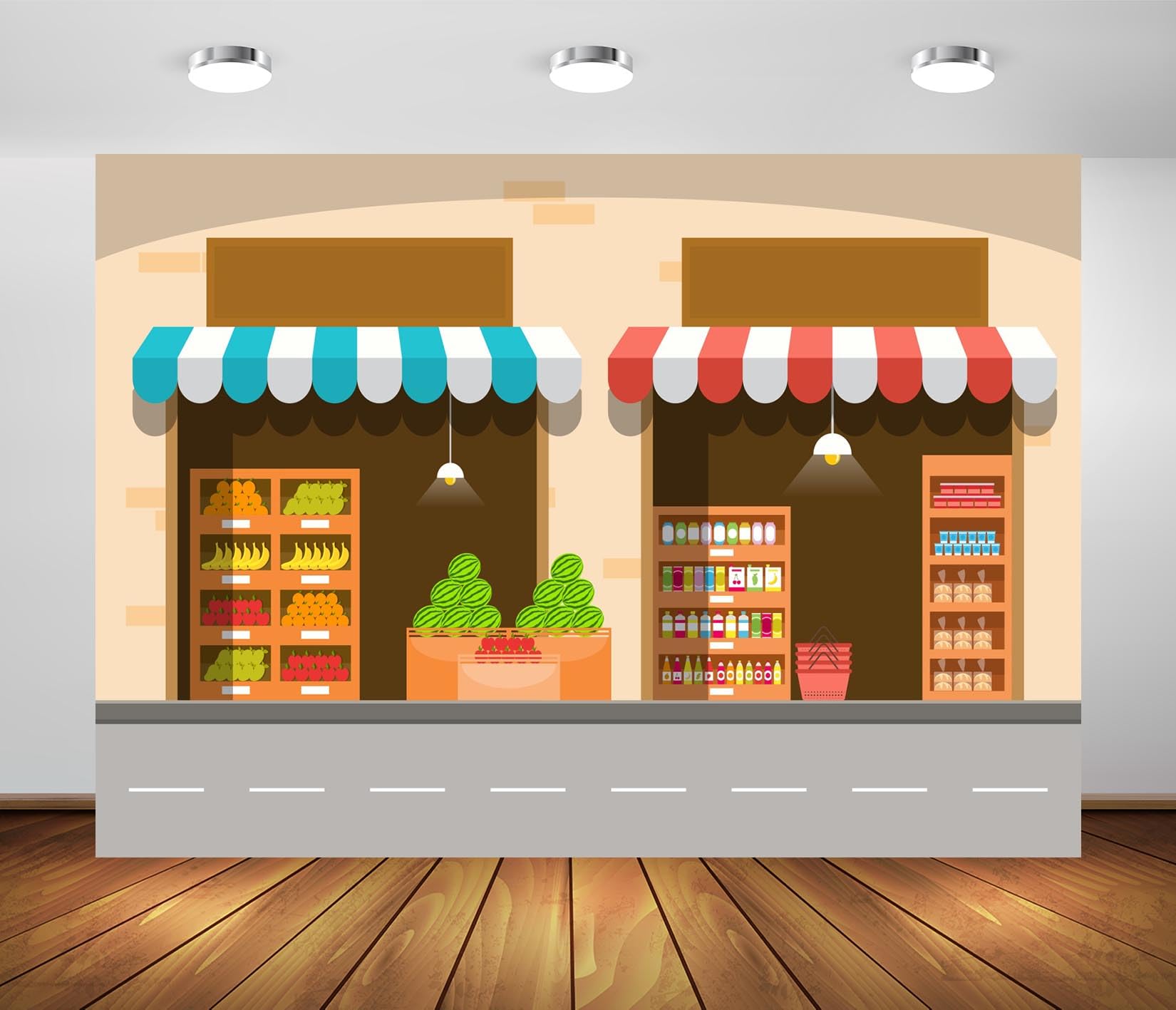 BELECO 7x5ft Fabric Fruit Vegetable Store Backdrop Cartoon Roadside Grocery Store Fruits Vegetables Background for Themed Party Decorations Photo