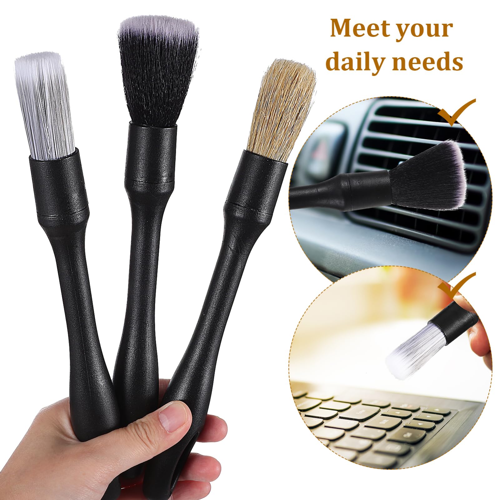 SOLUSTRE Set Pennelli Detailing Auto Professionale con 3 Testine Sostituibili per Pulizia Interni