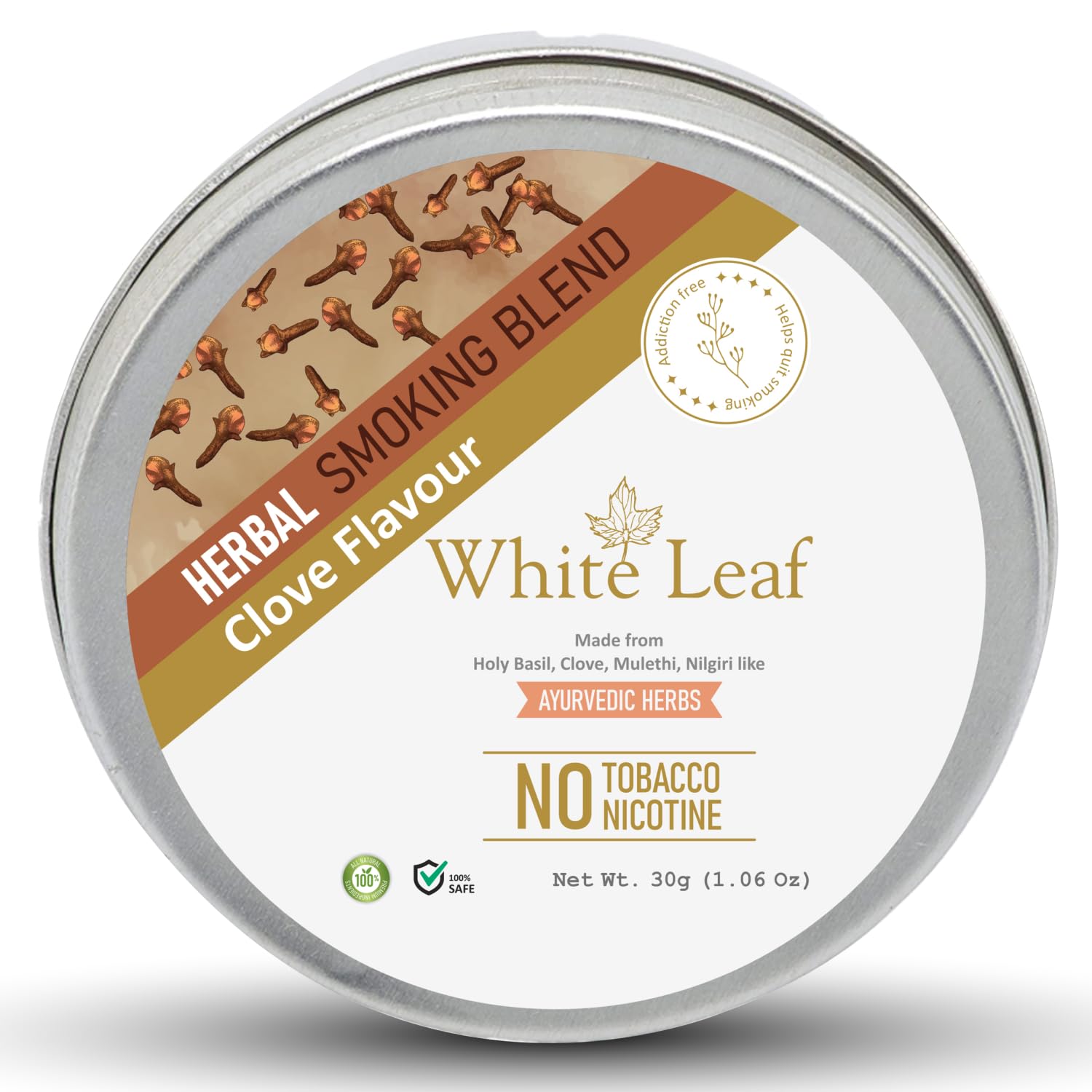 White Leaf Herbal Smoking Blend 100% Tobacco Free & Nicotine Free(30g) Ayurvedic & Organic Herb Mix For Smoking | Herbal Smokes Clove Blend Herbs Mix