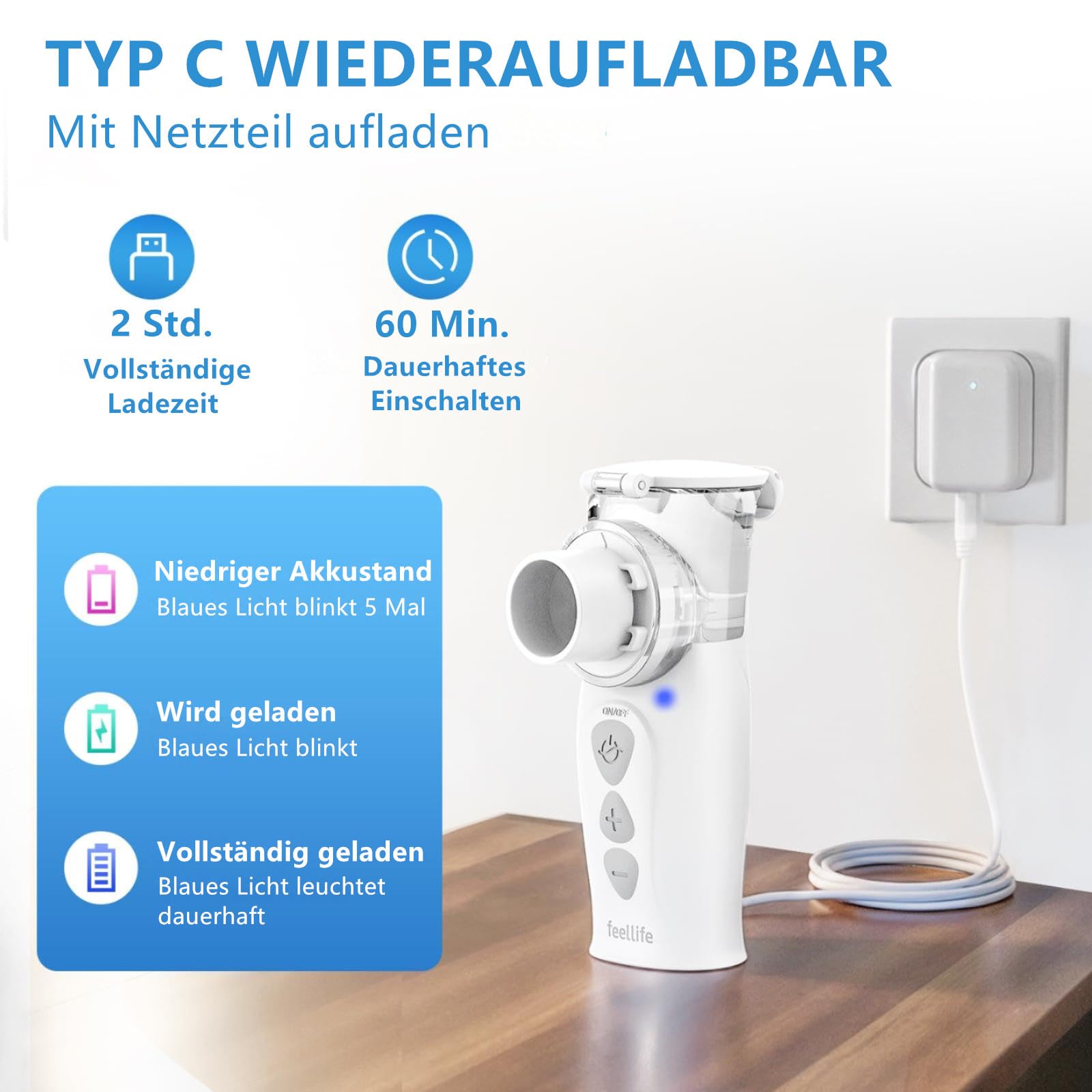 FEELLIFE Inhalationsgerät Tragbar, Leise Inhaliergeräte für Erwachsene Kinder, Aufladbarer Baby Inhalator, 3µm Partikelgröße Einstellbarer Sprühnebel Vernebler Inhaliergerät (Weiß)