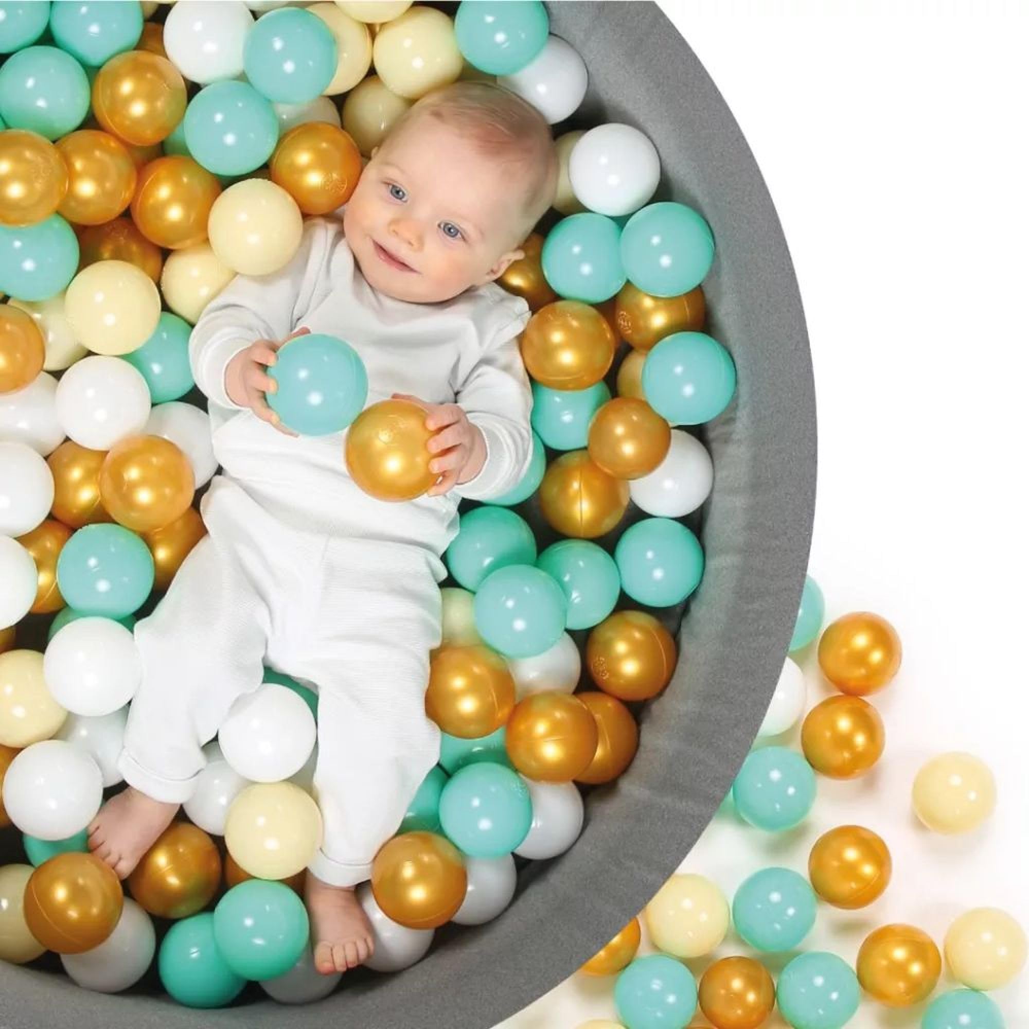 LUDI – Piscina Redonda de Espuma – Ø 90 cm x 30 cm – para bebé Desde 6 Meses – 100 Bolas Incluidas – Tejido Suave y Lavable – Color Gris – Promueve la Movilidad y la coordinación – Fácil de Montar