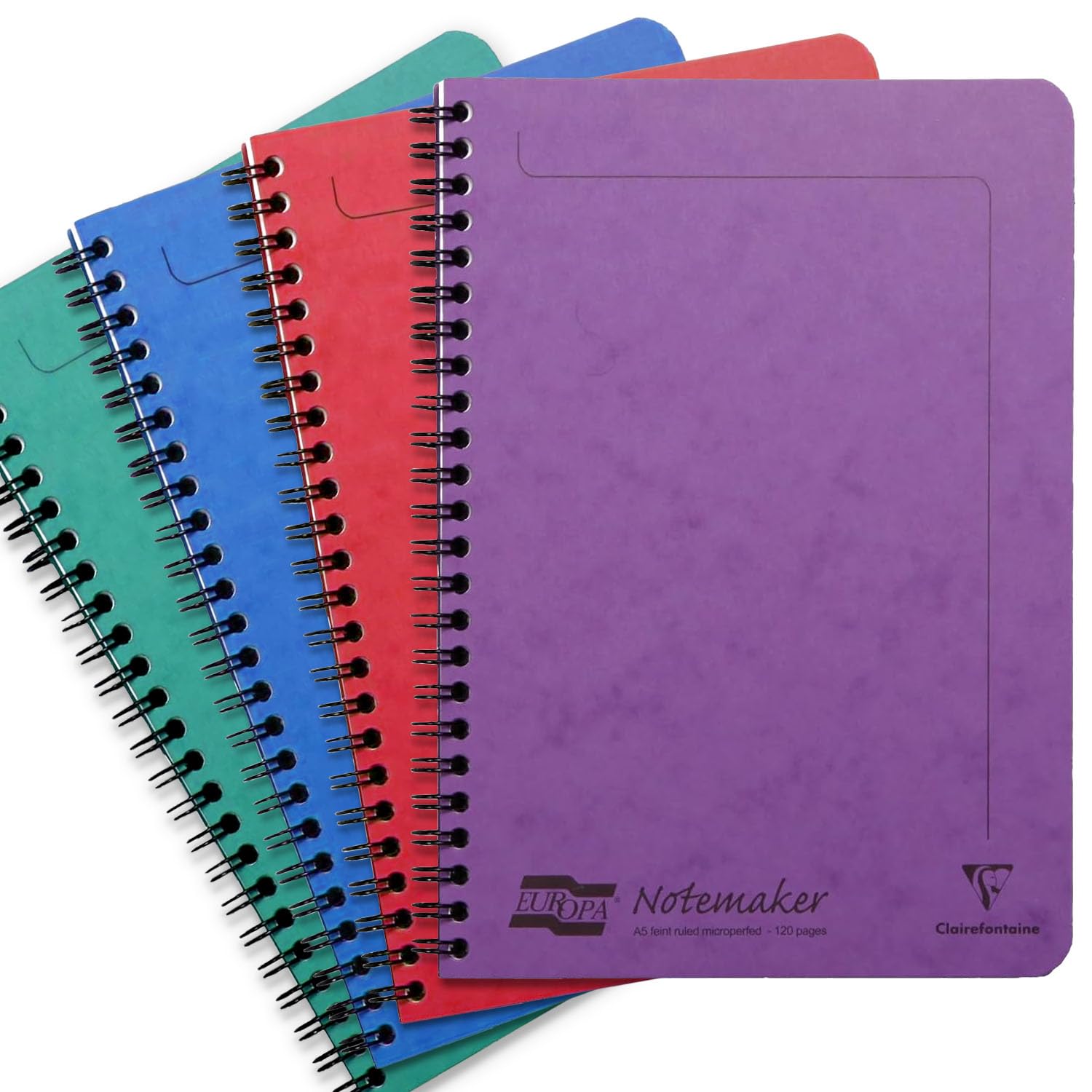 Clairefontaine Europa Notemaker Spiral Notebook | Pack of 4 Notebooks | 120 Detachable Lined Ruled White Pages | Glossy Card Cover, 90gsm Paper | Twin-Wire Bound | A5, Green, Blue, Red, Violet