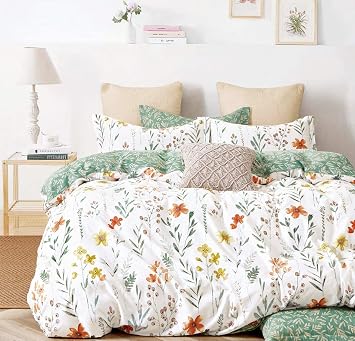 Lanqinglv Bed Linen Set 155 x 220 cm Green/White Leaves Floral Pattern Plants Reversible Colorful Microfibre Renforce Duvet Cover with Zip Pillowcase 80 x 80 cm