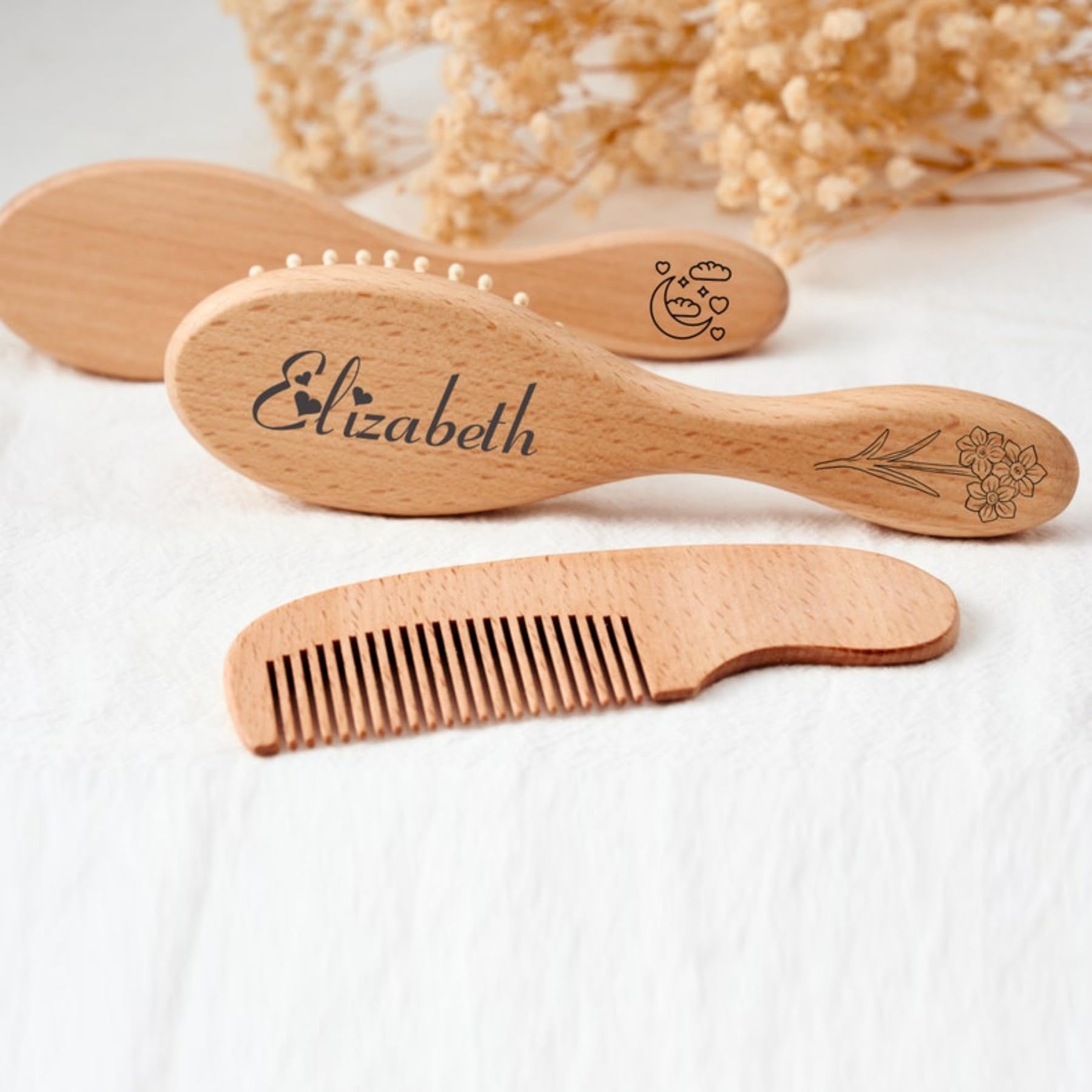 Personalized Wooden Baby Hairbrush Set, Keepsake for Girl or Boy, Custom Baby Birthday Gift, Wooden Hair Brush and Comb for Newborn Gifts