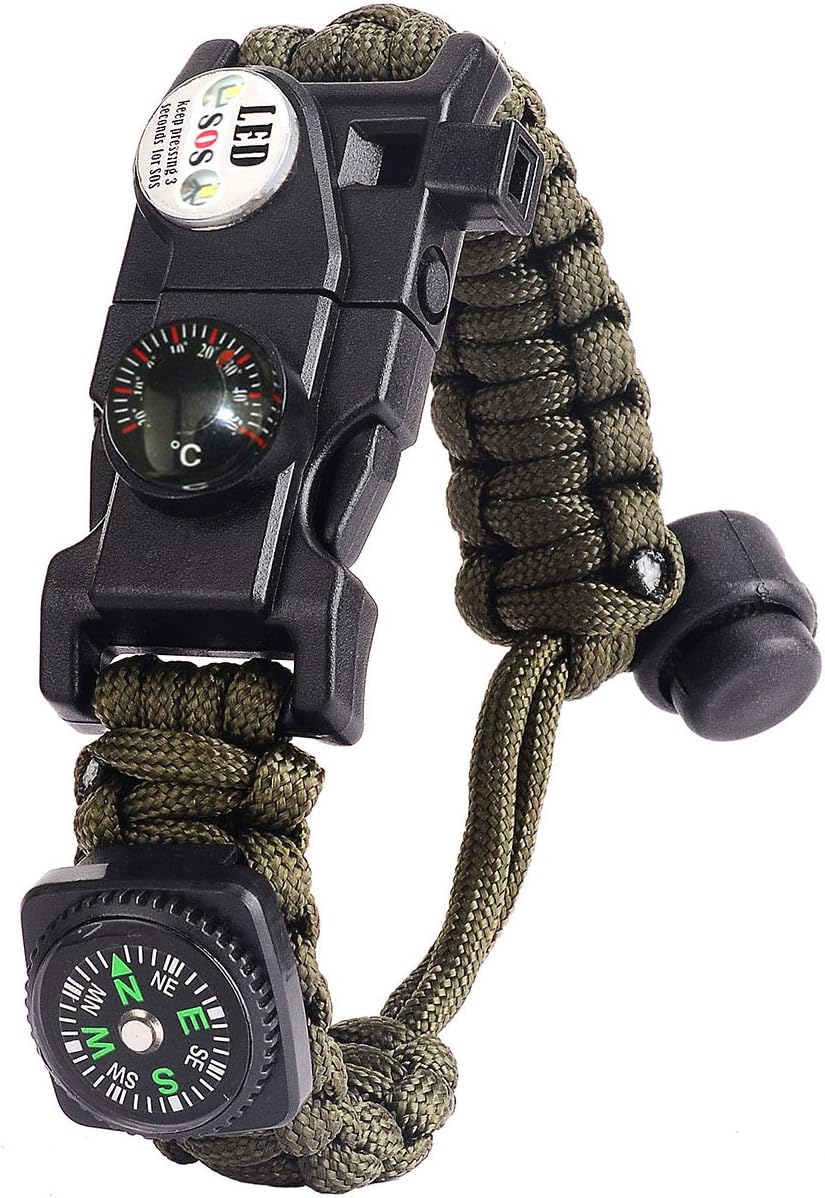 Paracord Survival Bracelet Kit Adjustable with Flint fire starter + Compass + Thermometer + Whistle + Umbrella rope + LED light + Multi-tool + Card reader, for Hiking Camping Outdoor Activities