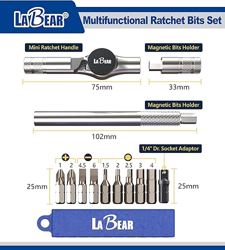 Miniatura 2 de LABEAR - Multiherramienta de bicicleta 12 en 1 con llave de trinquete - Kit de reparación compacto plegable con mango en T para bicicletas de