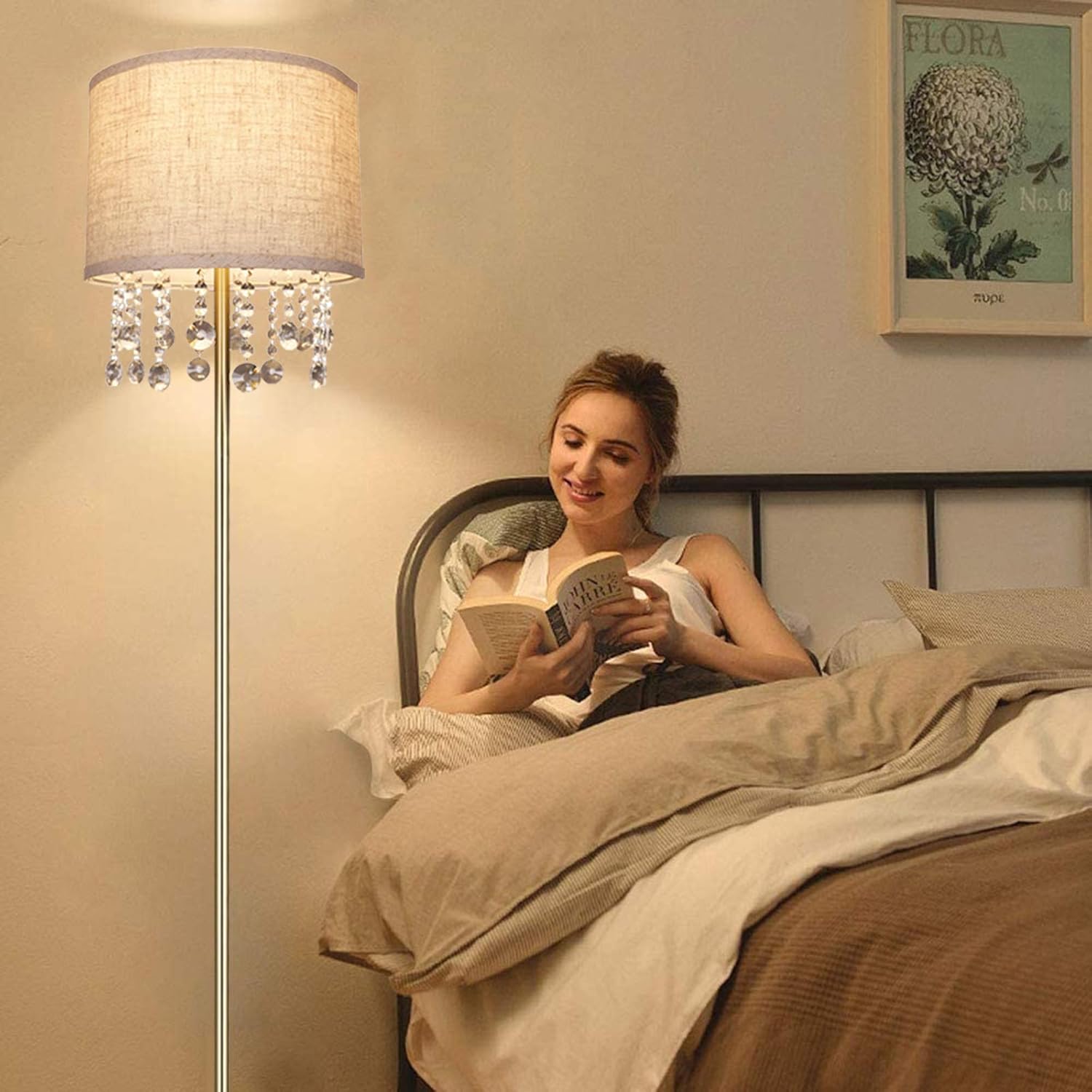 Frее Shірріng 🛒 61 Crystal Floor Lamp LED Standing Lamp Linen Shade Elegant Design Floor Light Tall Upright lamp with LED Bulb for Living Room, Bedroom, Office and Reading(Copper)